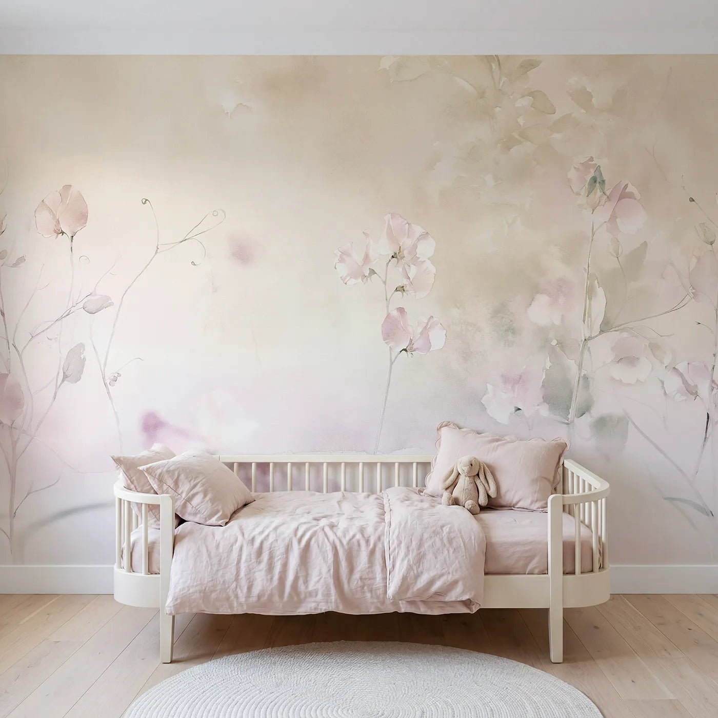 Watercolor wall mural of drifting sweet pea blossoms by Whimsy Tots
