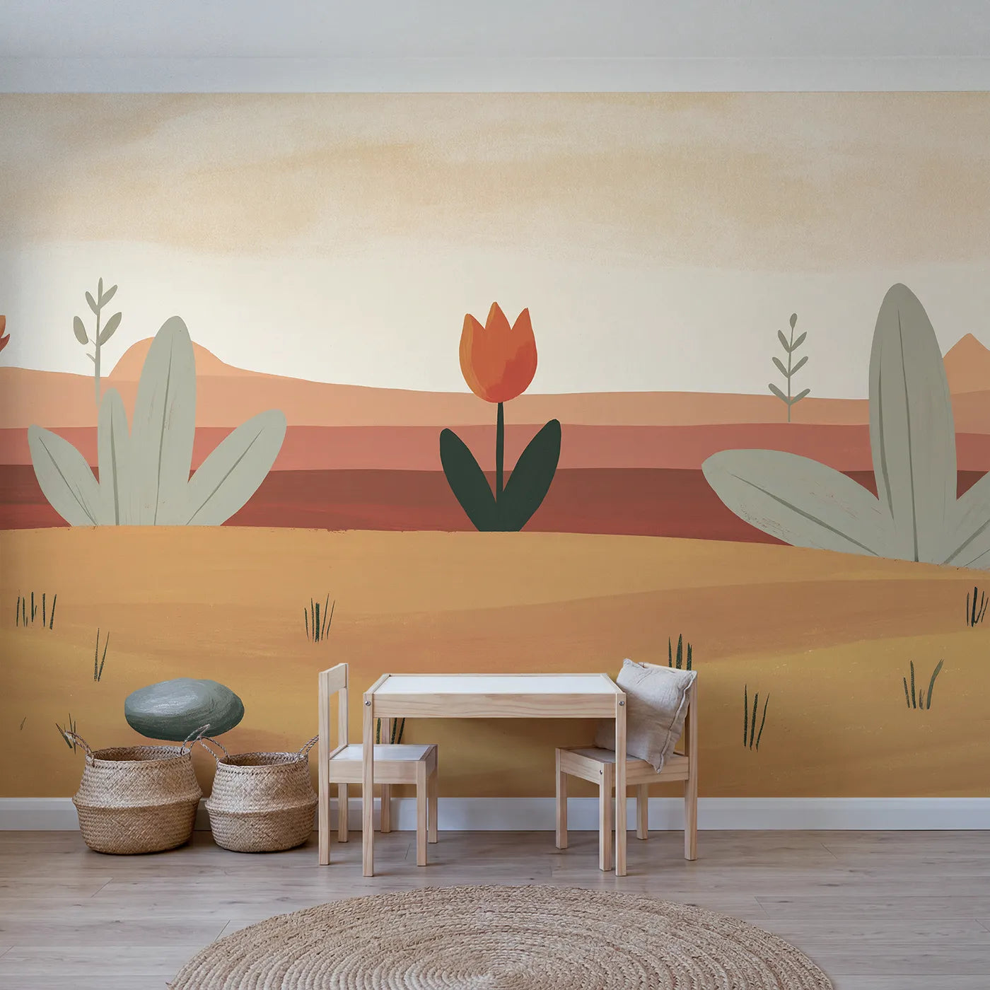 Folk gouache wall mural of a bold tulip bloom by Whimsy Tots