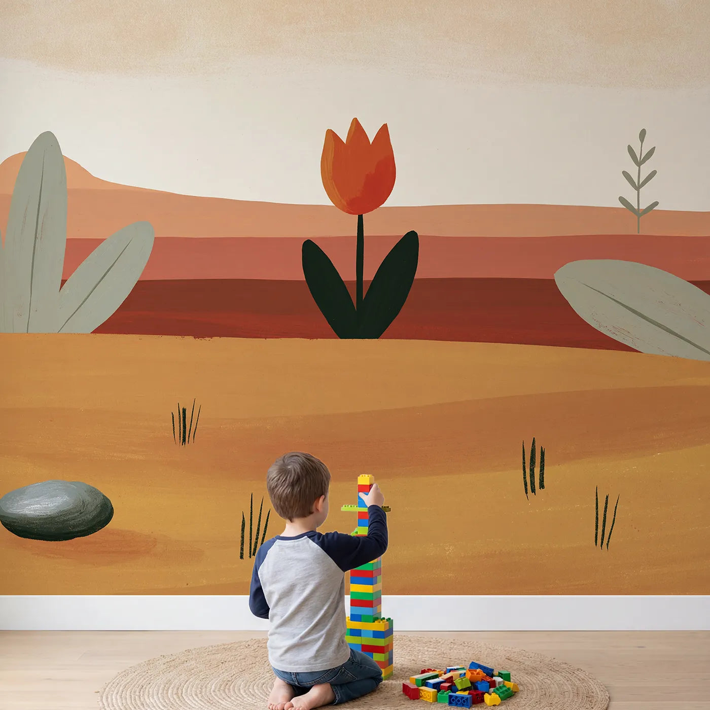 Child in nursery with Folk Tulip Bloom Wallpaper Mural by Whimsy Tots
