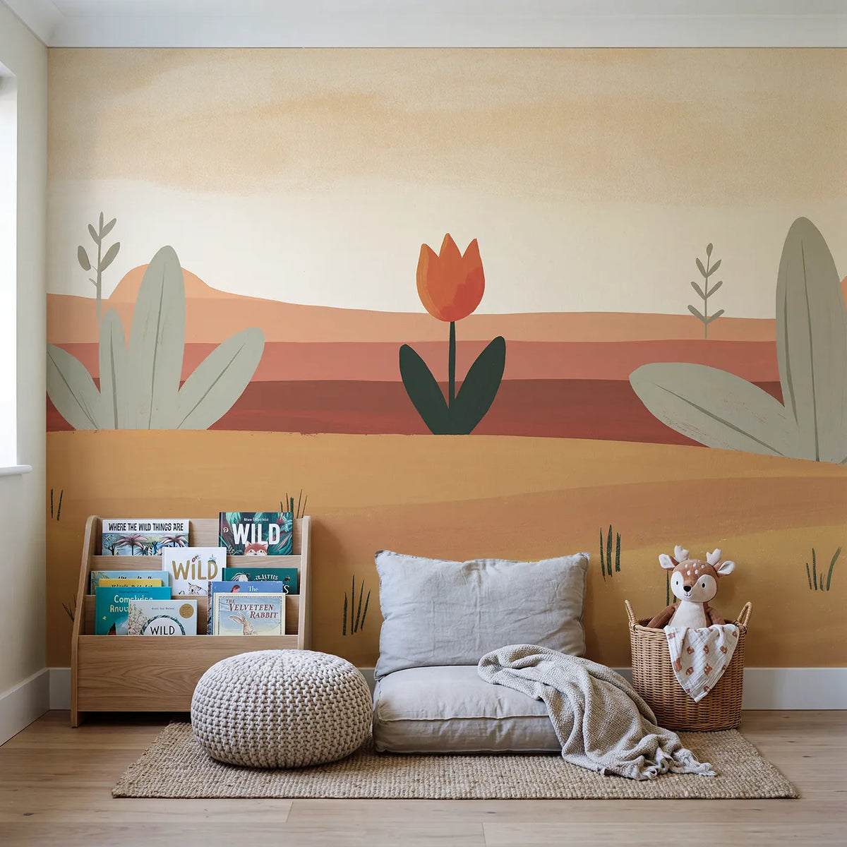 Folk Tulip Bloom Wallpaper Mural in playroom setting by Whimsy Tots
