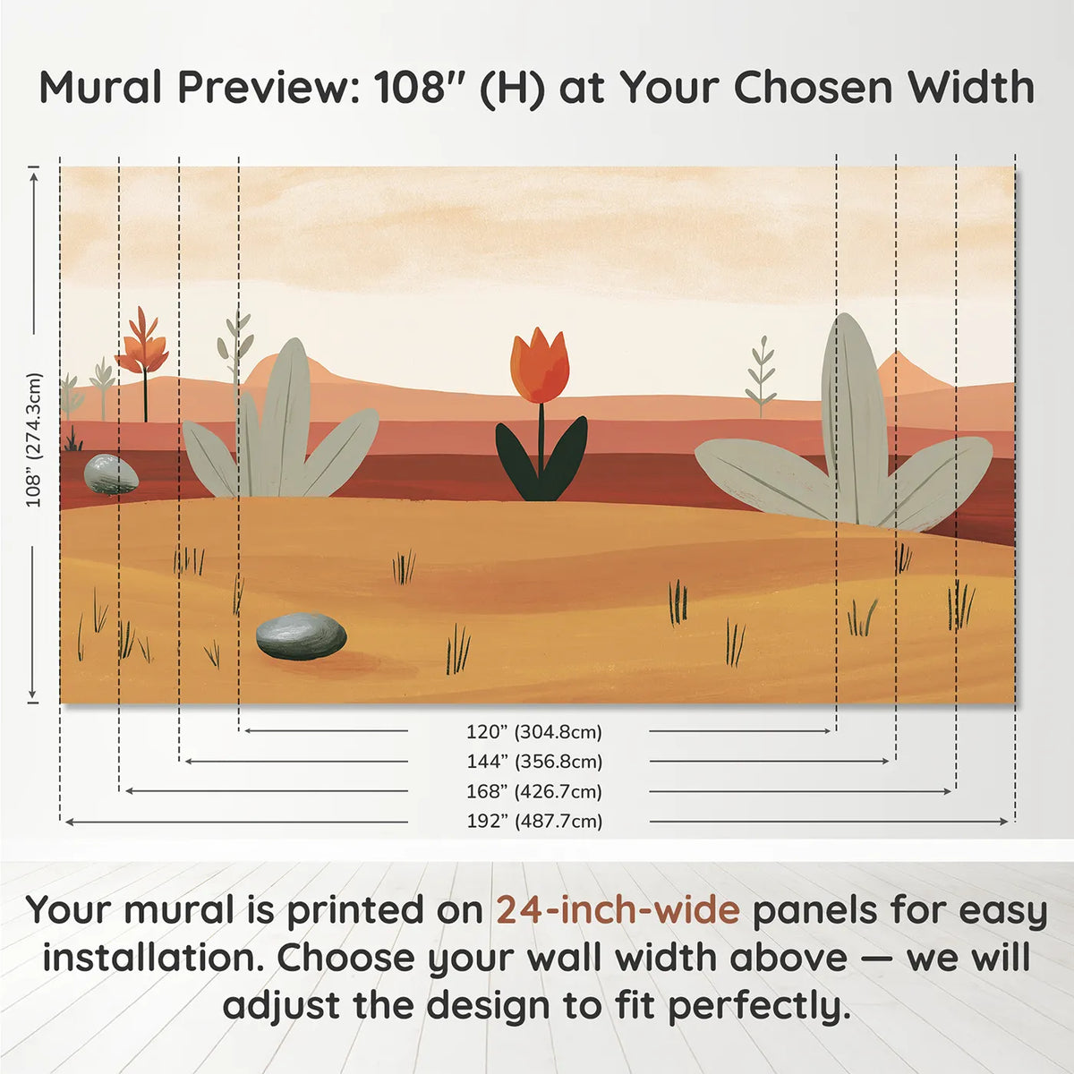 Panel layout and dimensions for Folk Tulip Bloom Wallpaper Mural by Whimsy Tots