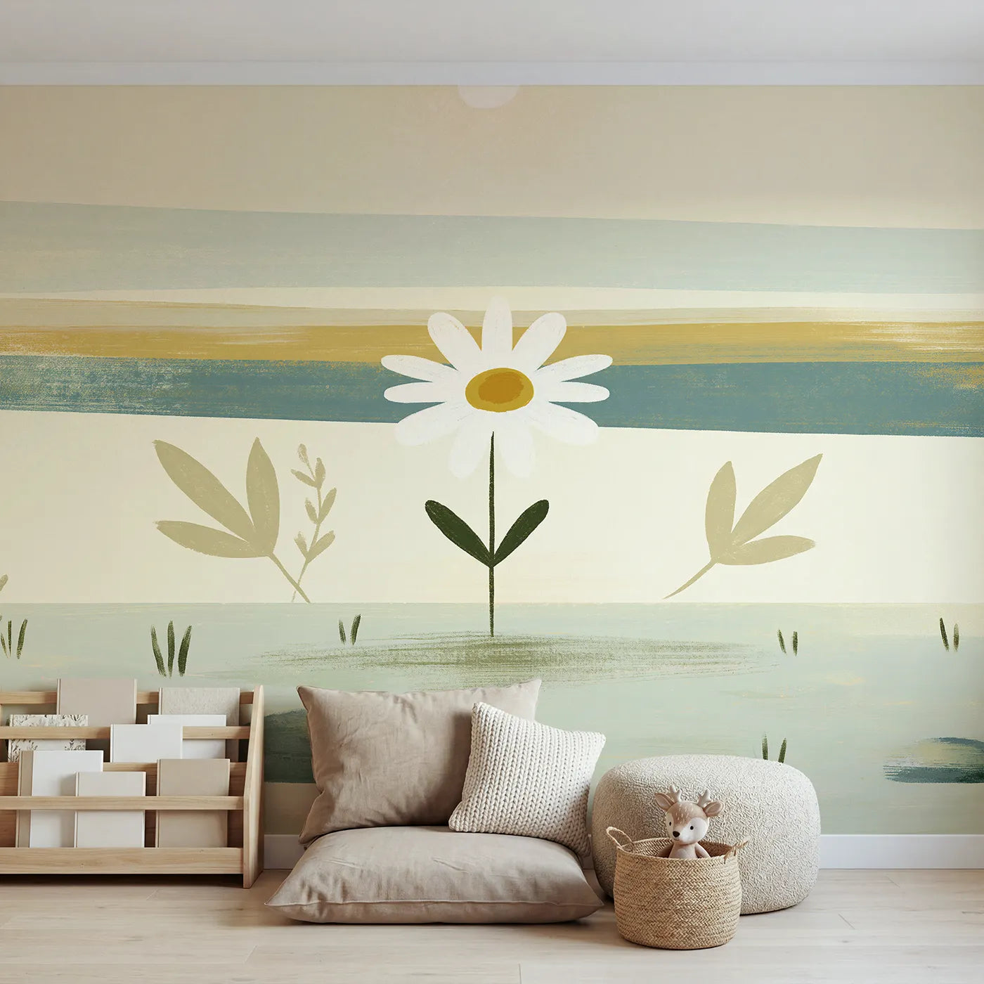 Folk gouache wall mural of a confident bold daisy by Whimsy Tots