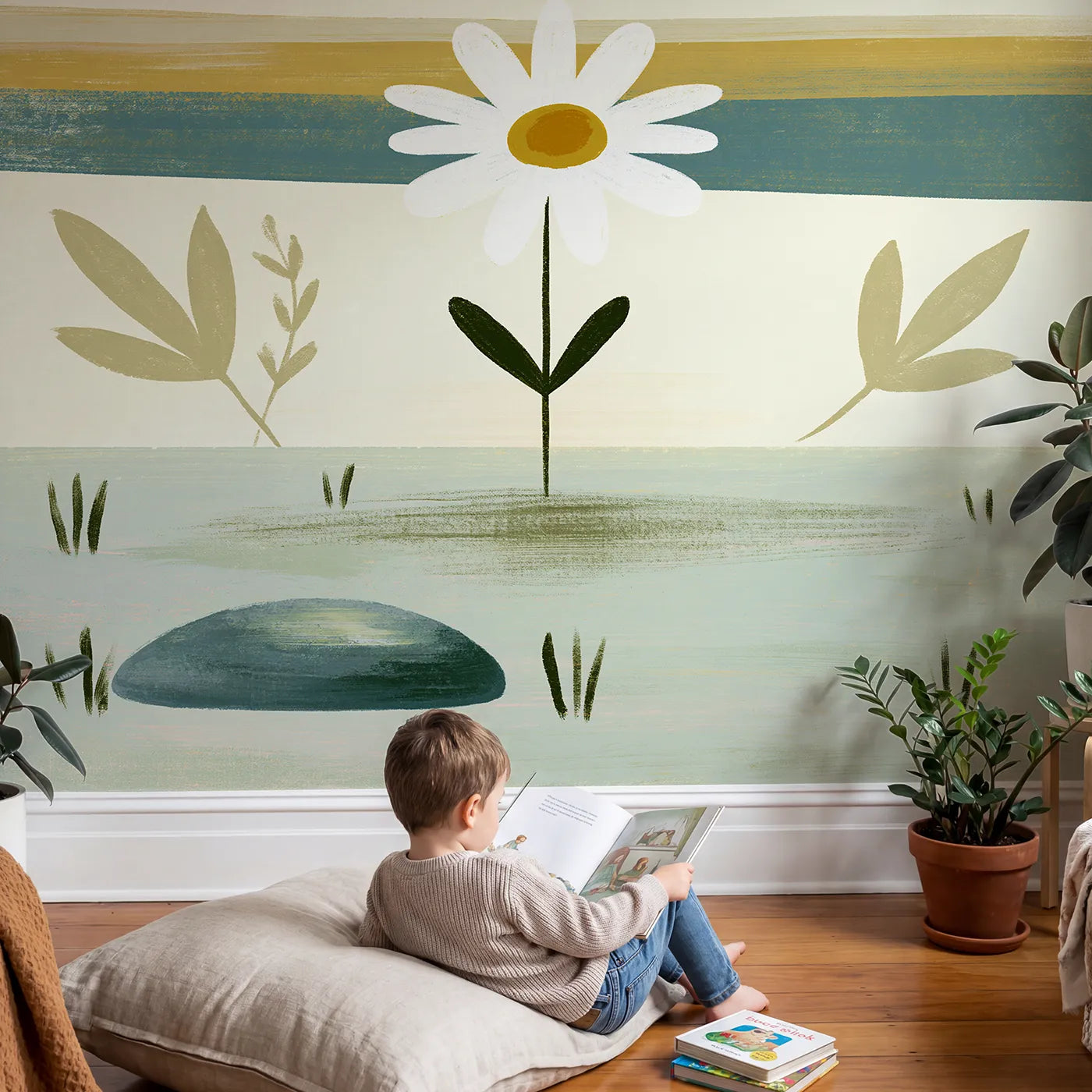 Child in nursery with Folk Daisy Shape Wallpaper Mural by Whimsy Tots