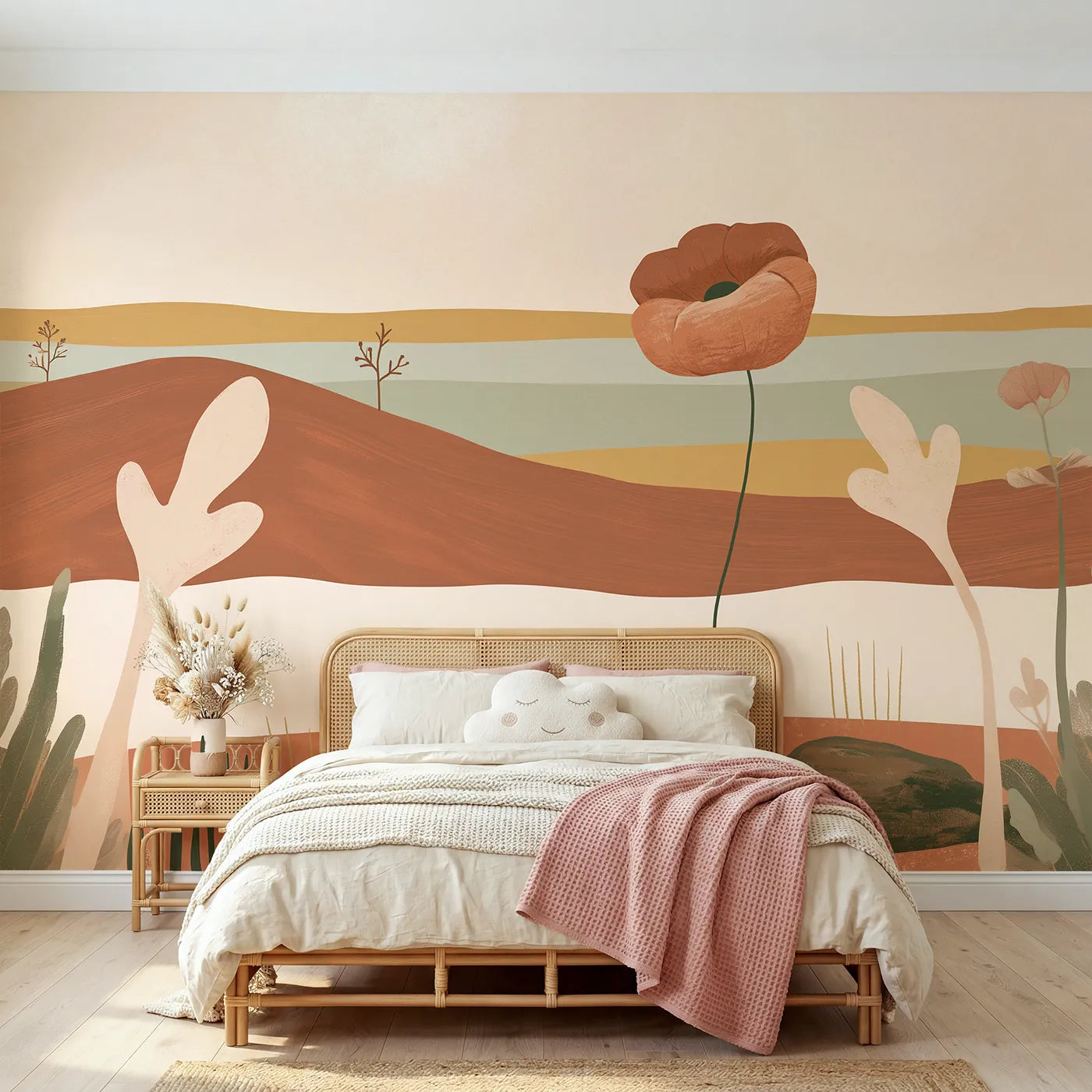 Folk gouache wall mural of a charming muted poppy by Whimsy Tots