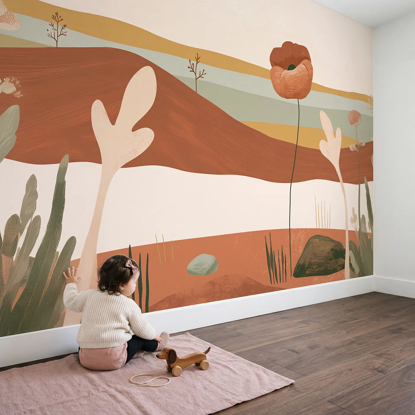 Child in nursery with Folk Poppy Charm Wallpaper Mural by Whimsy Tots