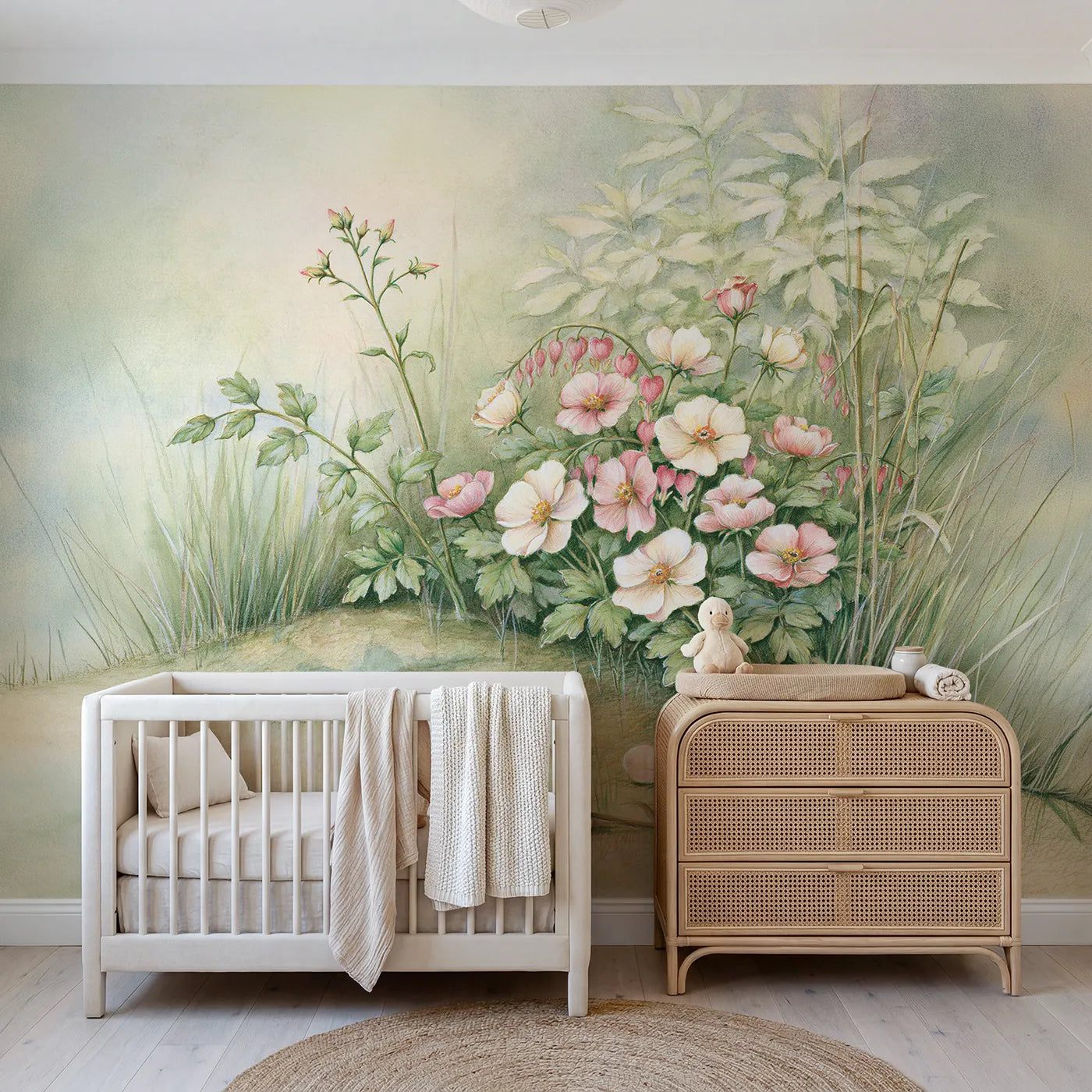 Storybook wall mural of cheerful garden flowers by Whimsy Tots