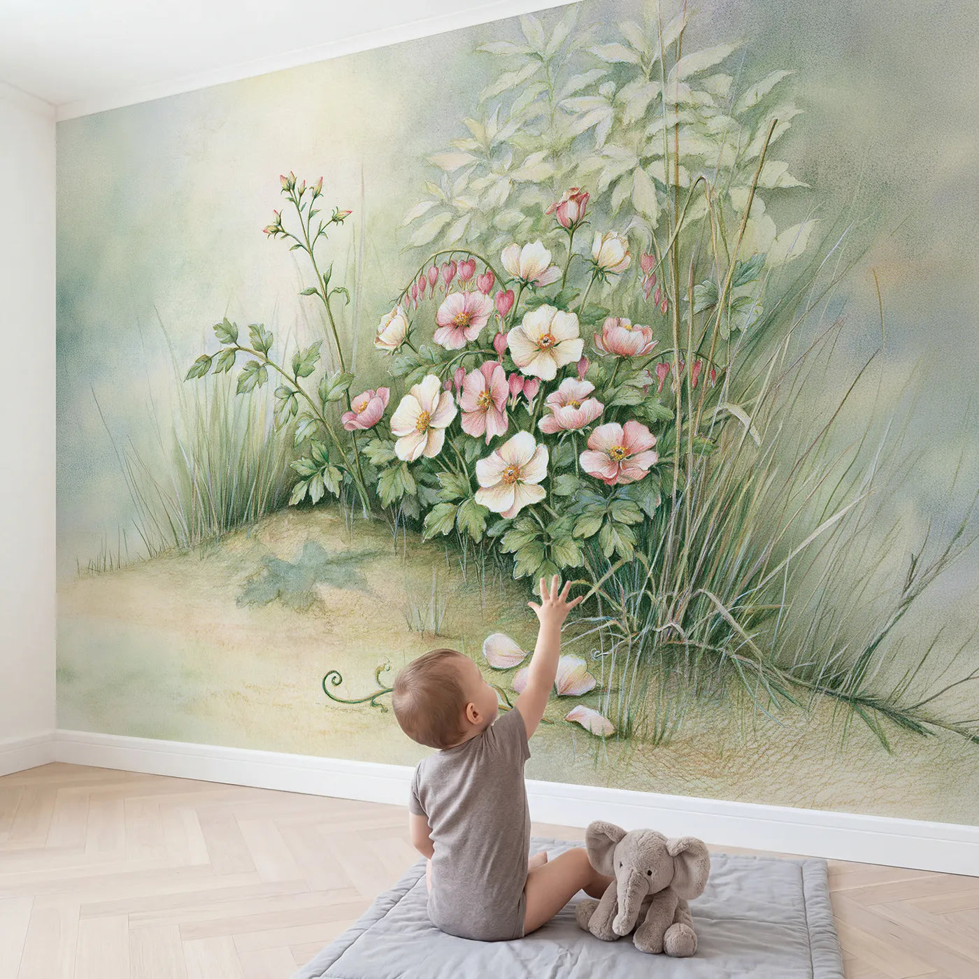 Child in nursery with Happy Garden Flowers Wallpaper Mural by Whimsy Tots
