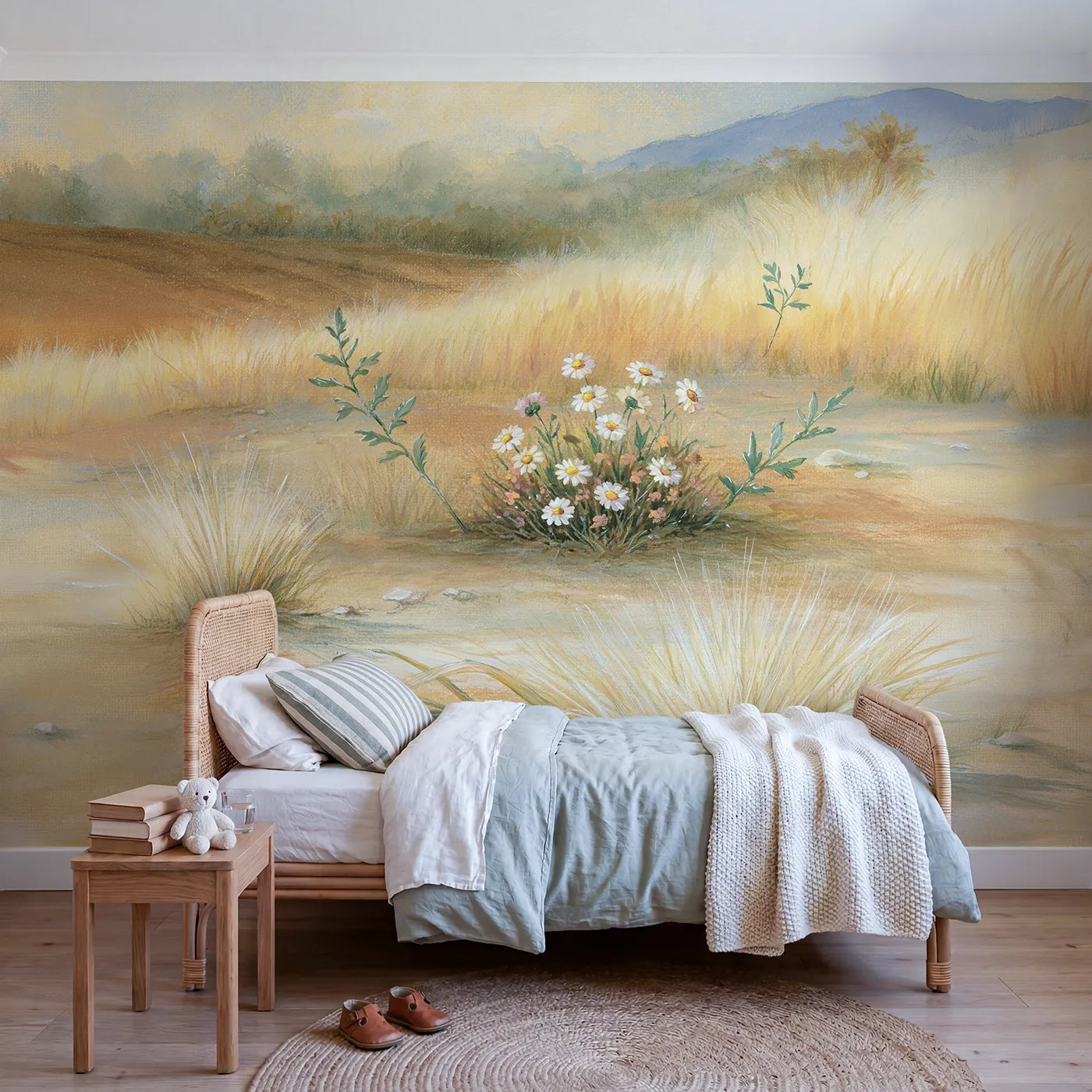 Storybook wall mural of a sunny friendly flower patch by Whimsy Tots
