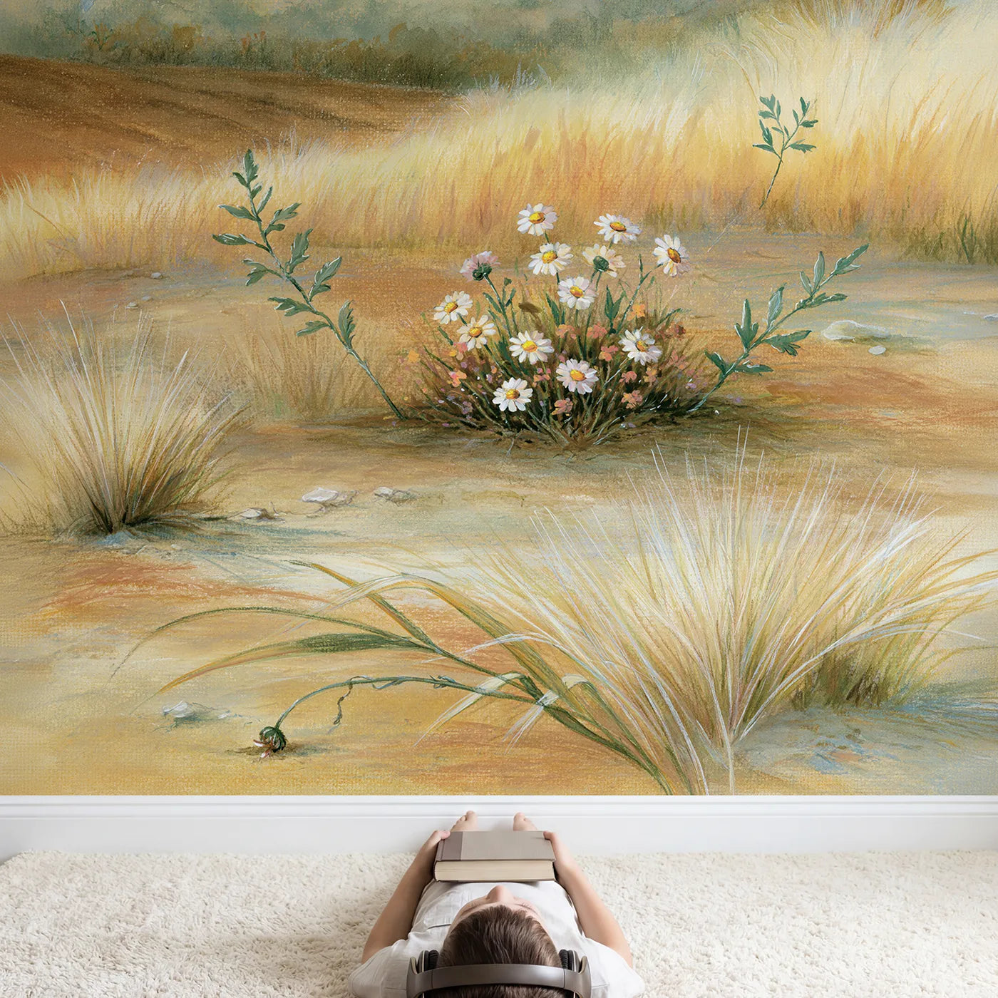 Child in nursery with Sunny Flower Patch Wallpaper Mural by Whimsy Tots