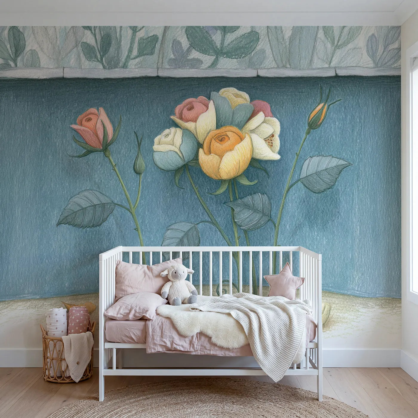 Colored-pencil wall mural of soft tender roses by Whimsy Tots