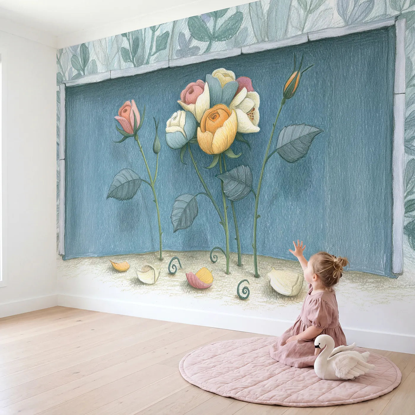 Child in nursery with Pencil Soft Roses Wallpaper Mural by Whimsy Tots