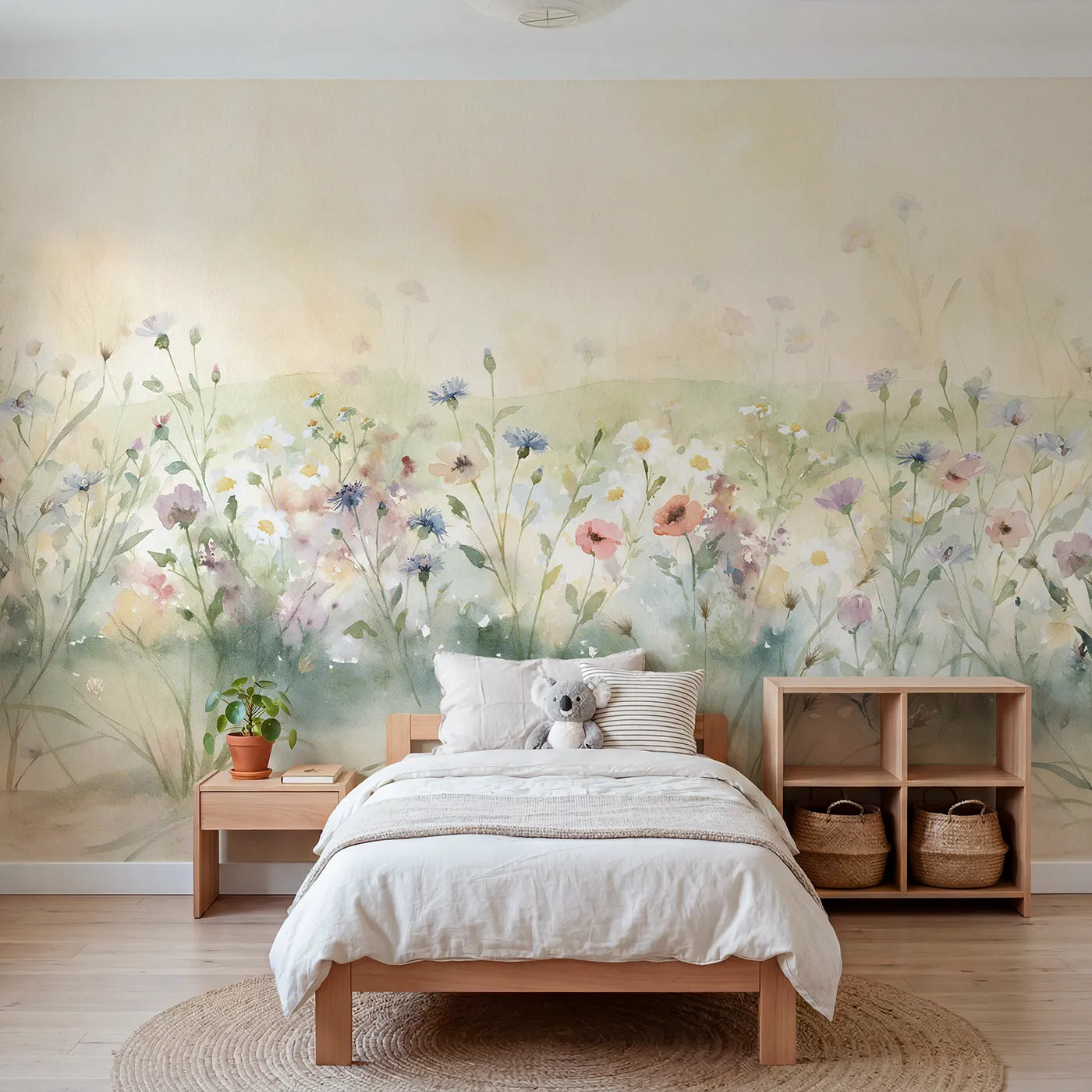 Watercolor wall mural of a soft wildflower meadow by Whimsy Tots