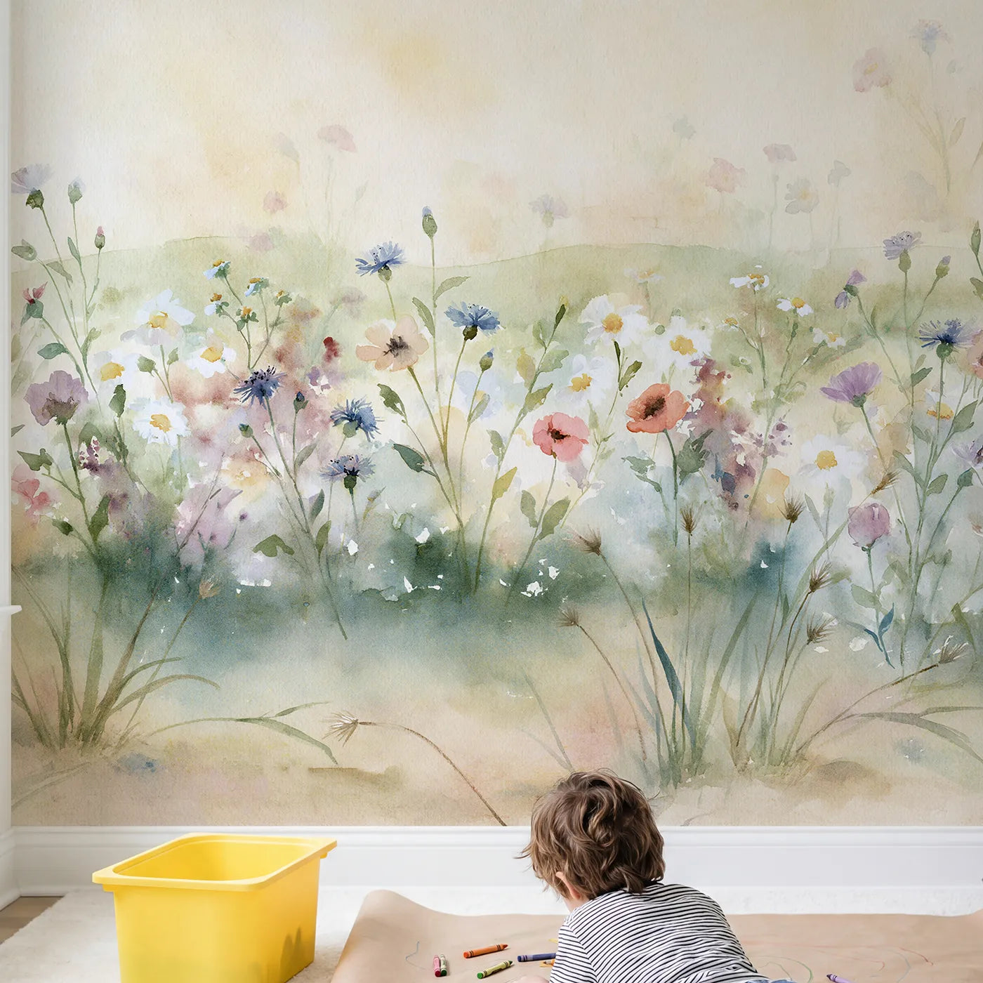 Child in nursery with Wildflower Meadow Soft Wallpaper Mural by Whimsy Tots