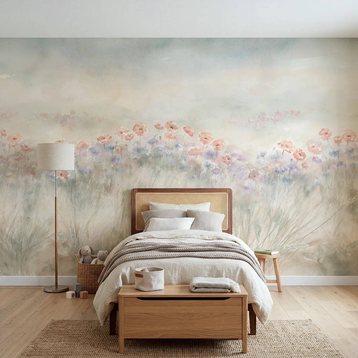 Watercolor wall mural of a misty muted poppy field by Whimsy Tots
