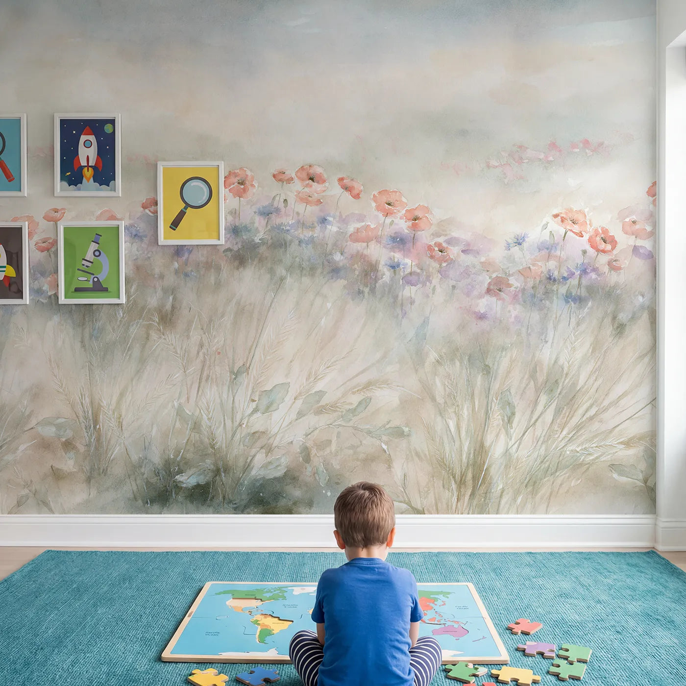 Child in nursery with Misty Poppy Field Wallpaper Mural by Whimsy Tots