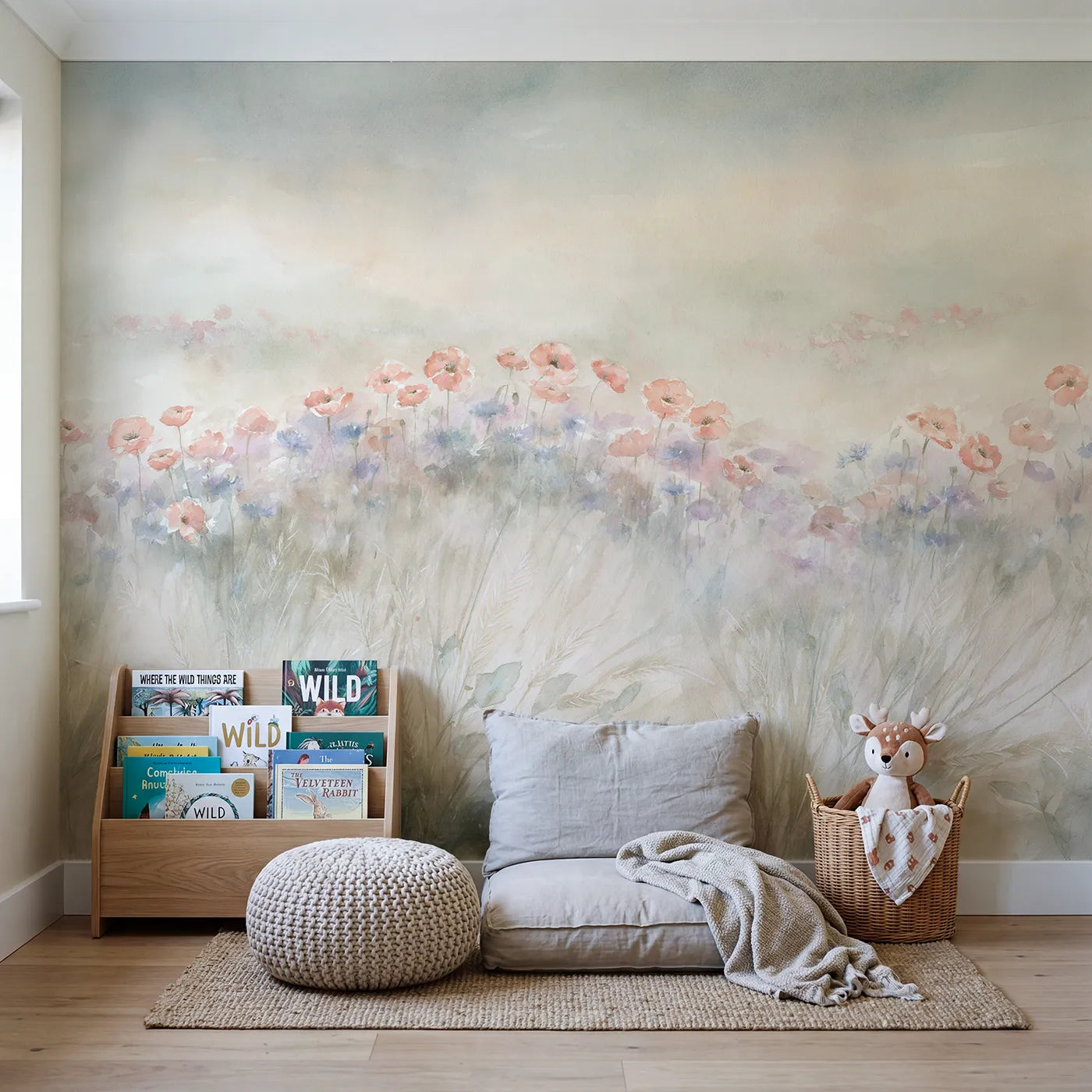 Misty Poppy Field Wallpaper Mural in playroom setting by Whimsy Tots