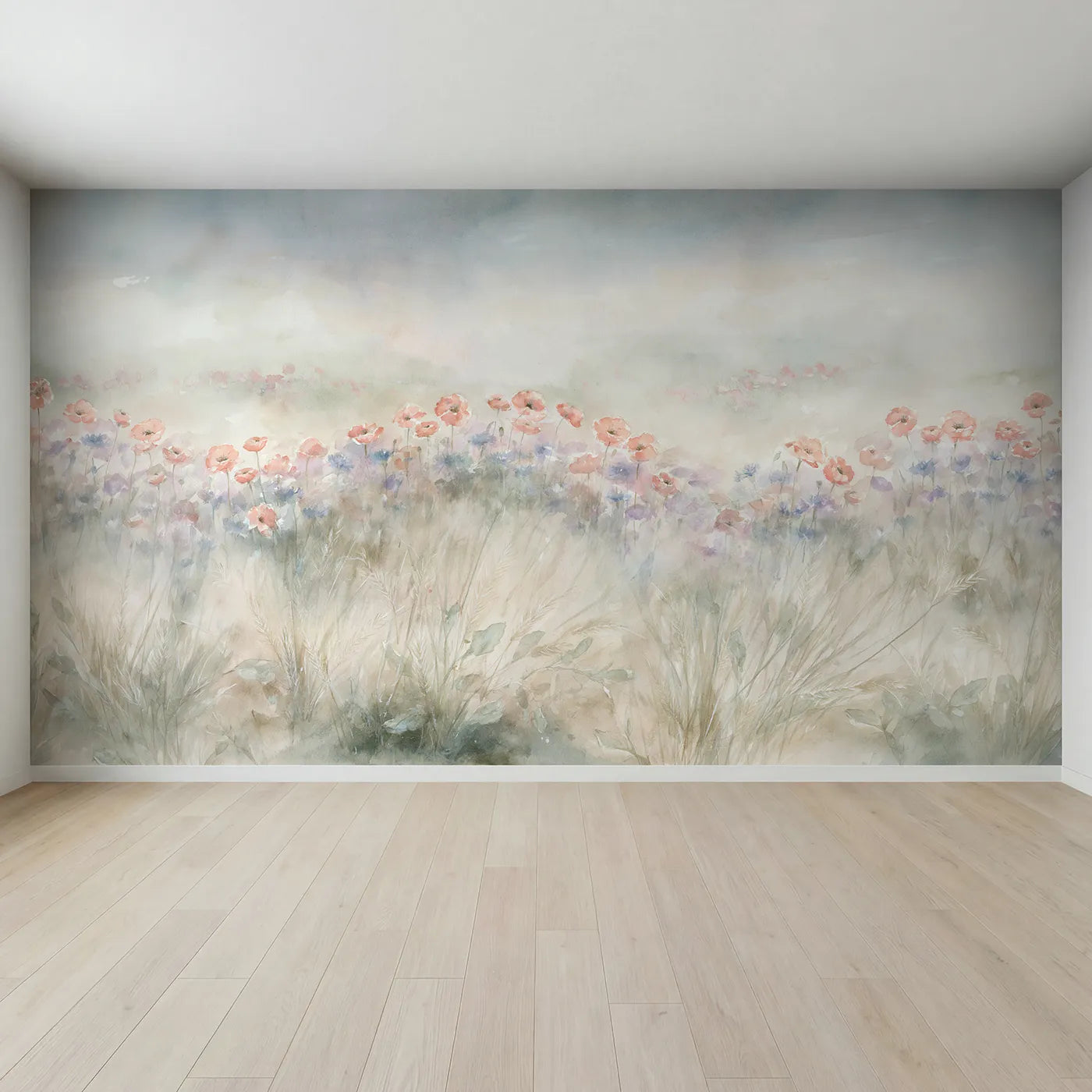 Full view of Misty Poppy Field Wallpaper Mural by Whimsy Tots