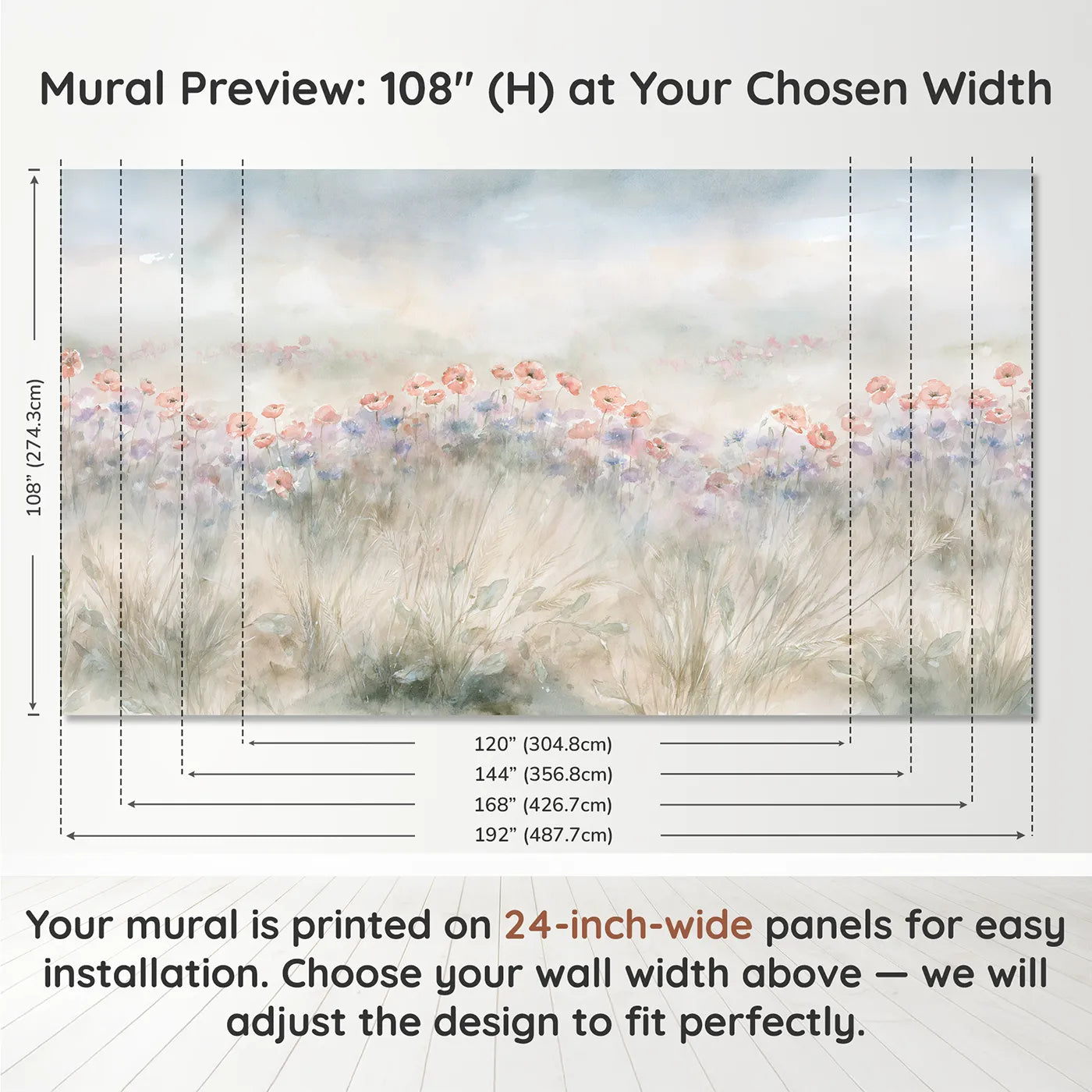Panel layout and dimensions for Misty Poppy Field Wallpaper Mural by Whimsy Tots