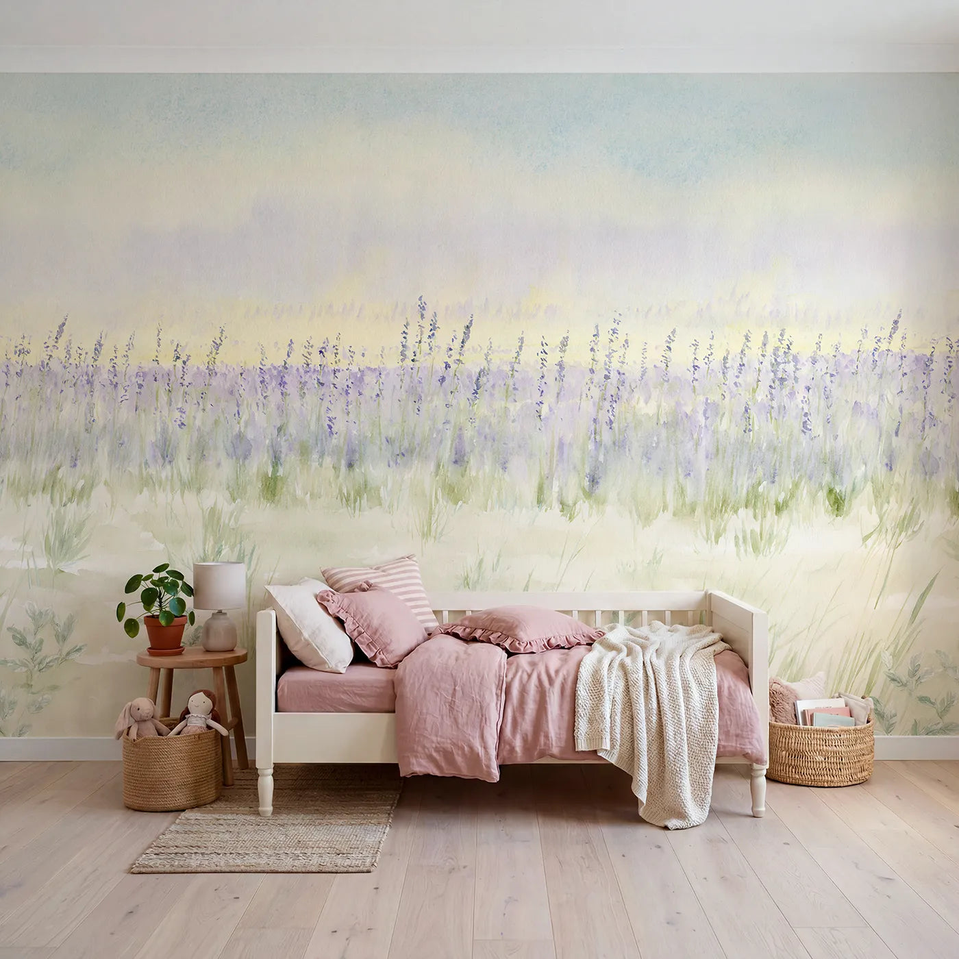 Watercolor wall mural of hazy lavender rows by Whimsy Tots