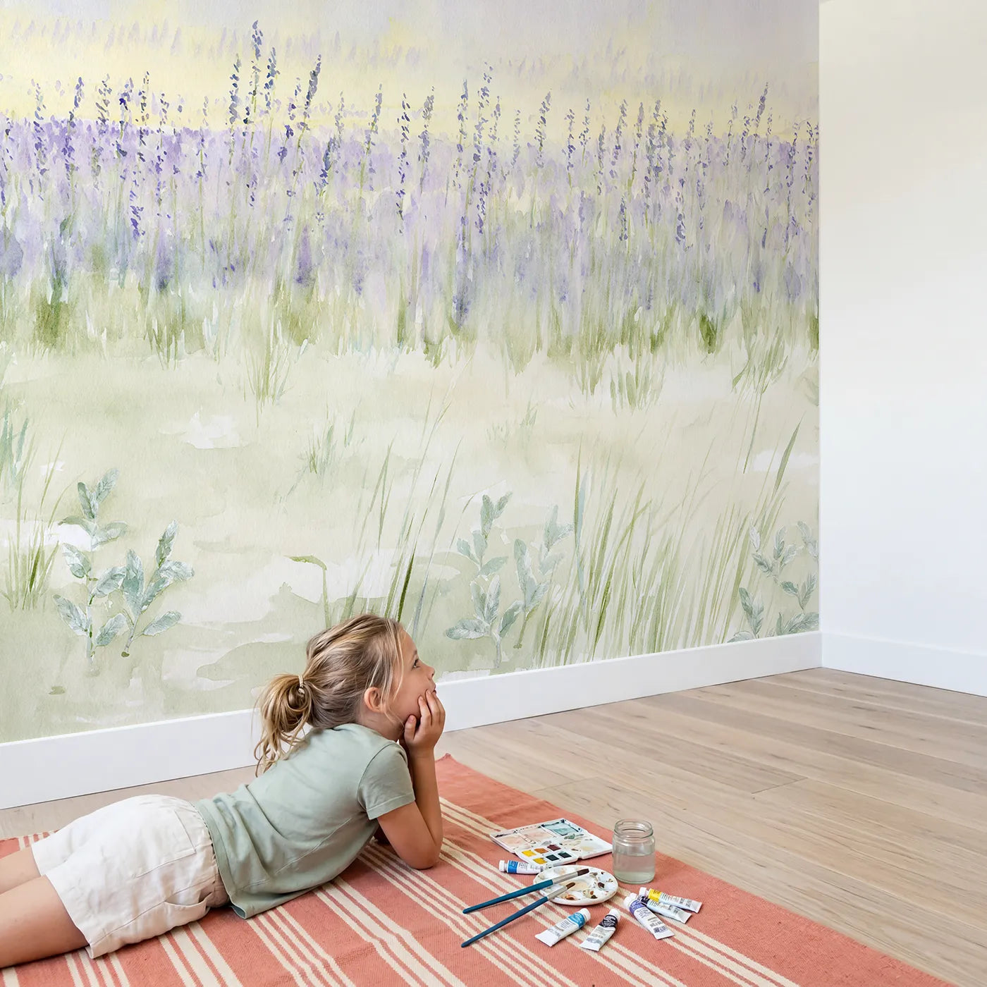 Child in nursery with Lavender Field Haze Wallpaper Mural by Whimsy Tots