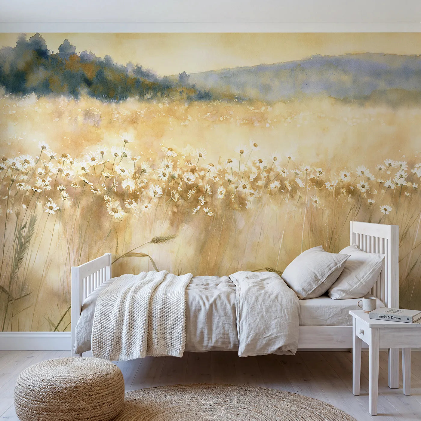 Watercolor wall mural of a golden daisy meadow by Whimsy Tots