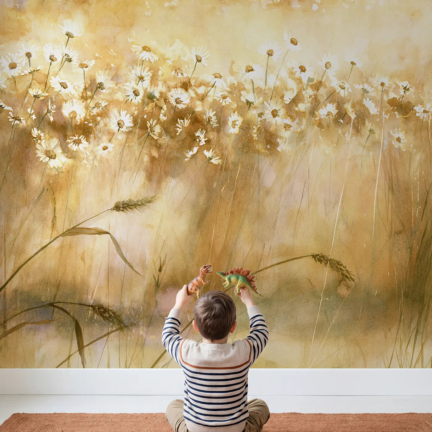 Child in nursery with Golden Daisy Meadow Wallpaper Mural by Whimsy Tots