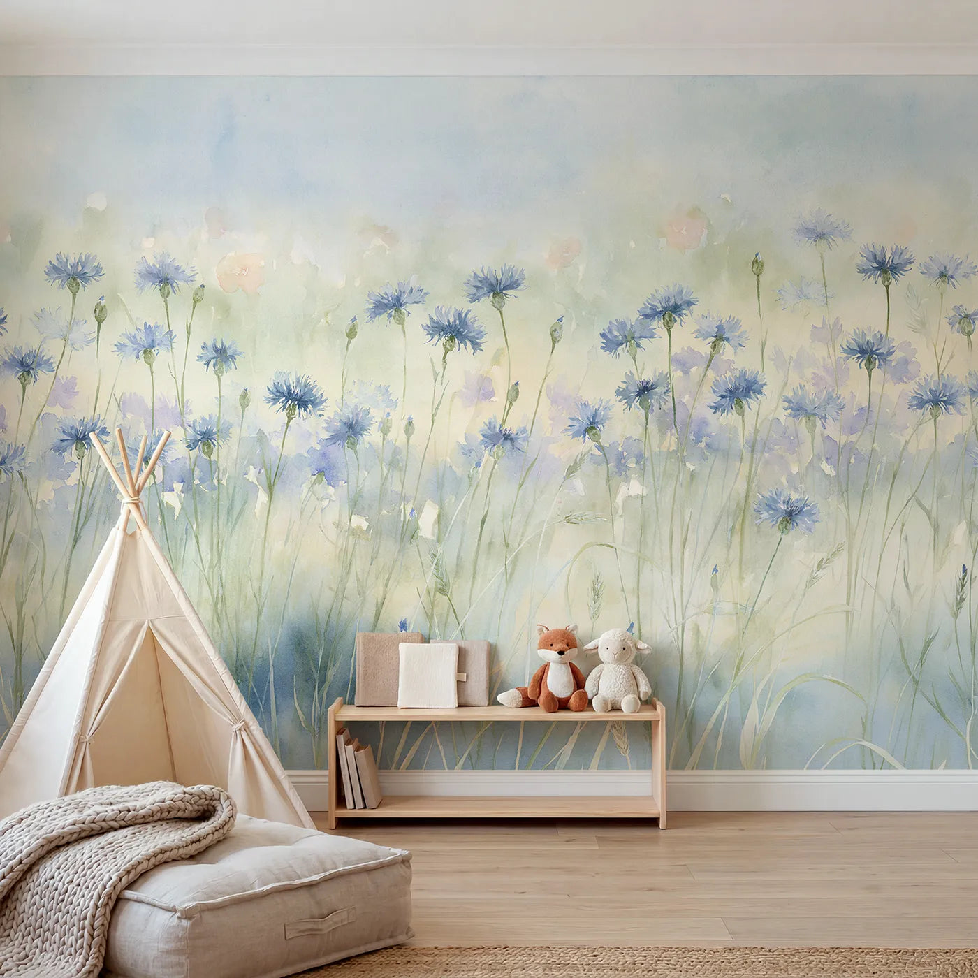 Watercolor wall mural of a swaying cornflower field by Whimsy Tots