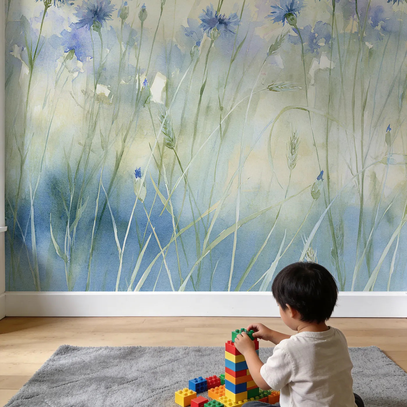Child in nursery with Cornflower Field Breeze Wallpaper Mural by Whimsy Tots