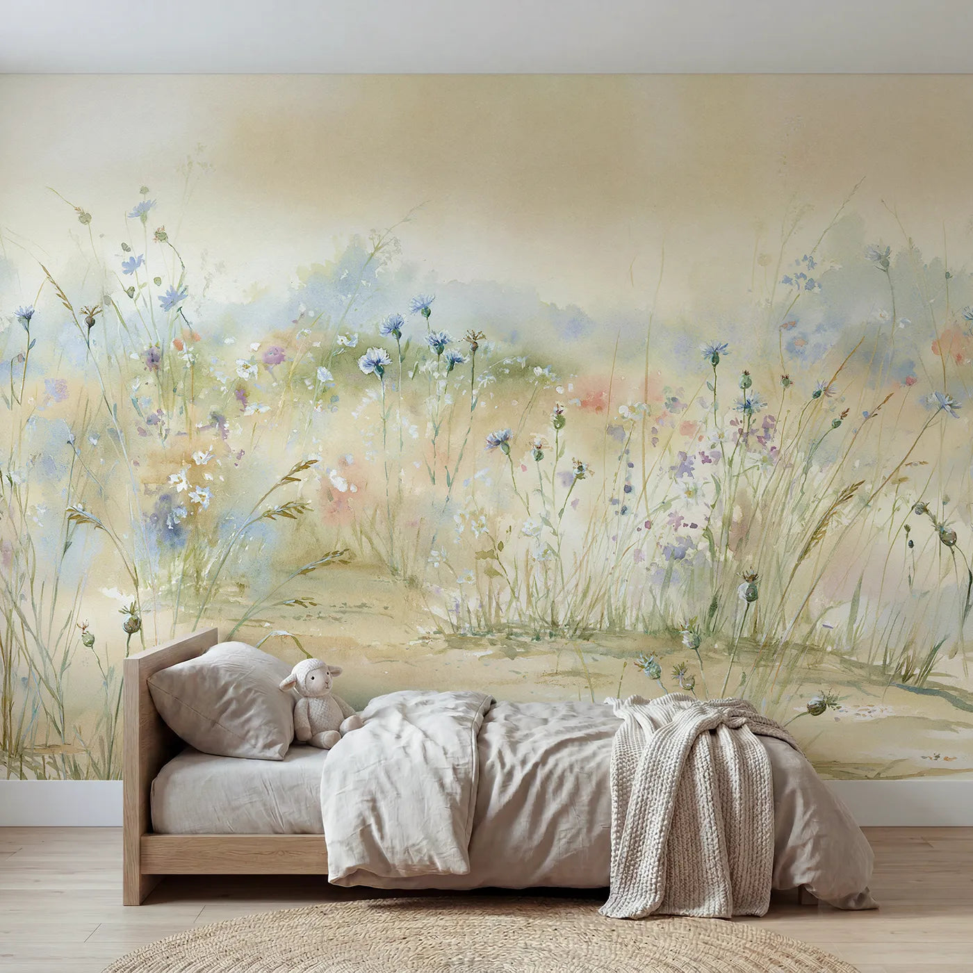 Watercolor wall mural of a soft summer meadow by Whimsy Tots