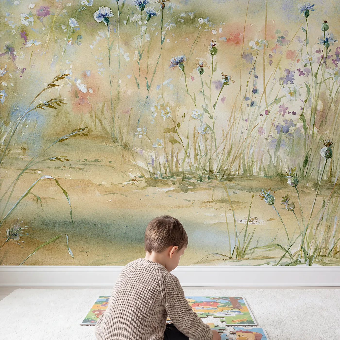 Child in nursery with Soft Summer Meadow Wallpaper Mural by Whimsy Tots