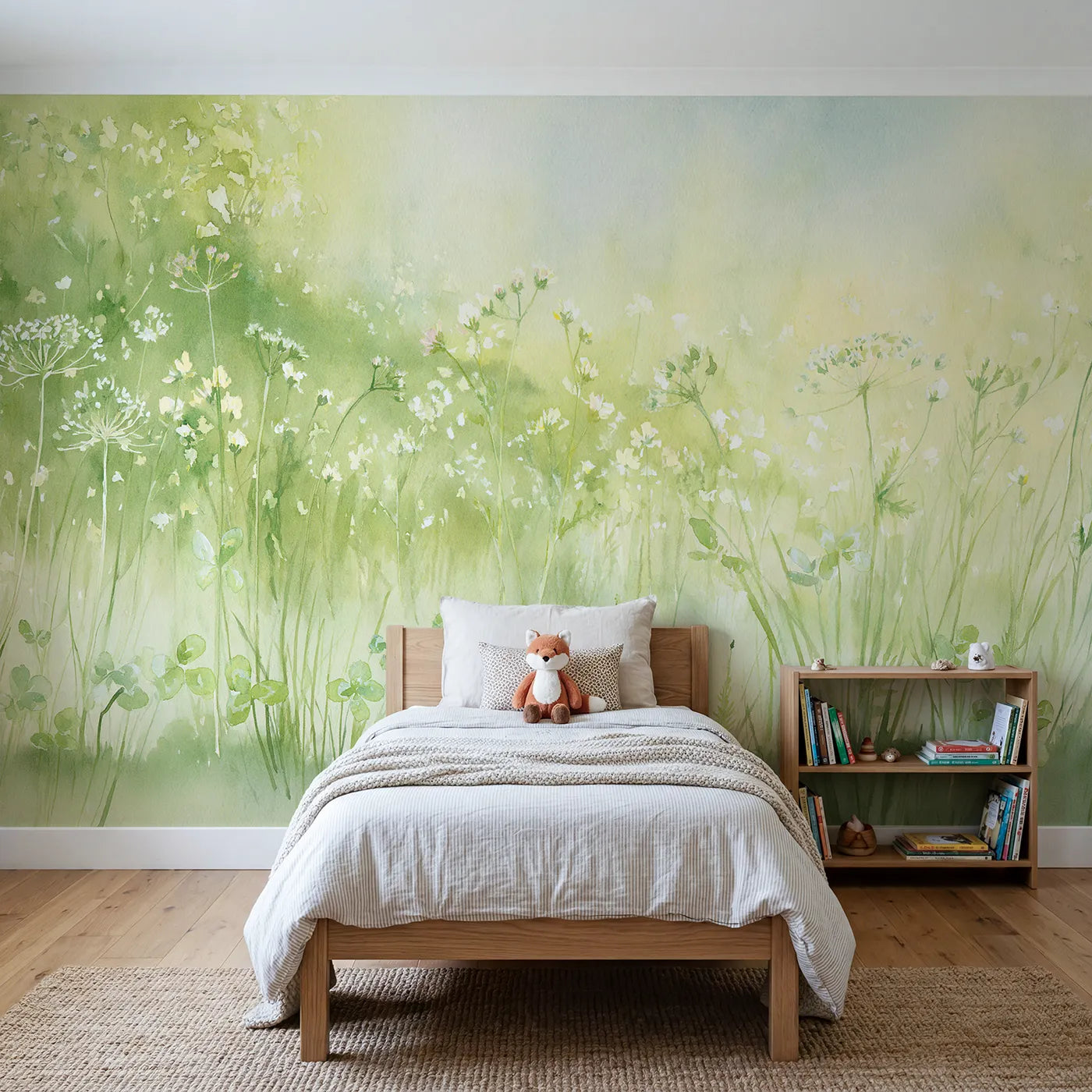 Watercolor wall mural of a fresh spring meadow by Whimsy Tots