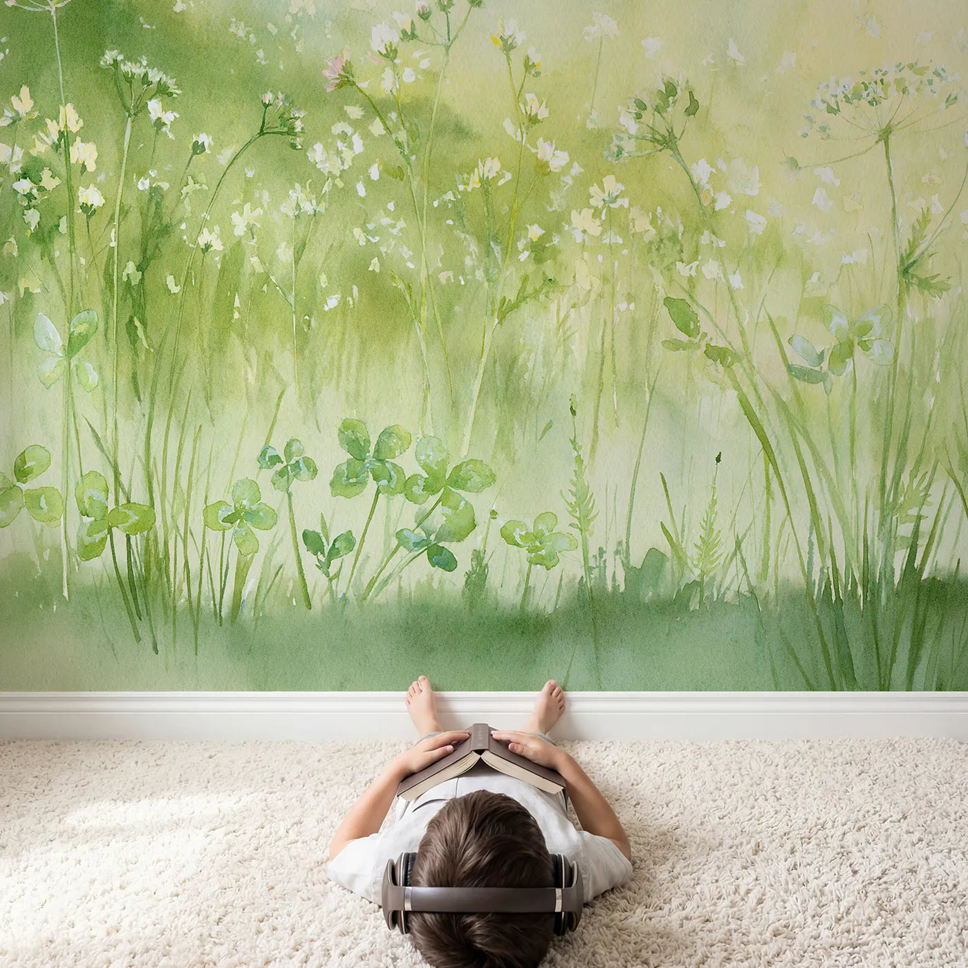 Child in nursery with Spring Meadow Bloom Wallpaper Mural by Whimsy Tots