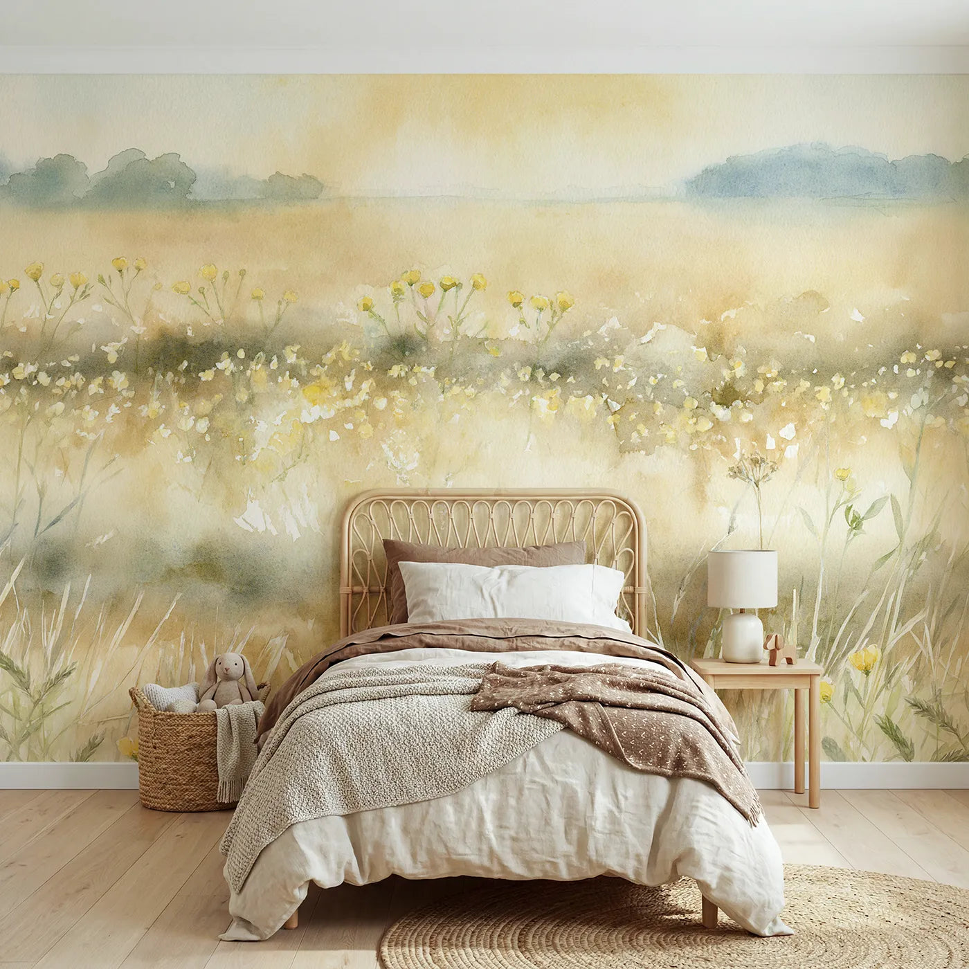 Watercolor wall mural of a hazy buttercup field by Whimsy Tots