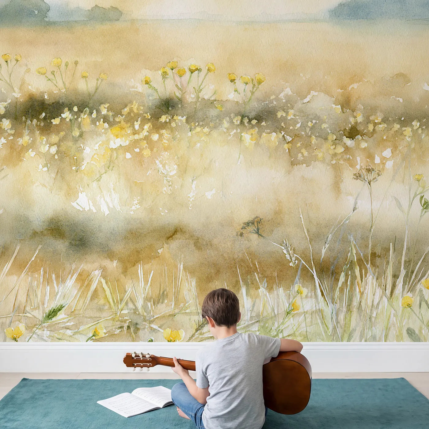Child in nursery with Hazy Buttercup Field Wallpaper Mural by Whimsy Tots