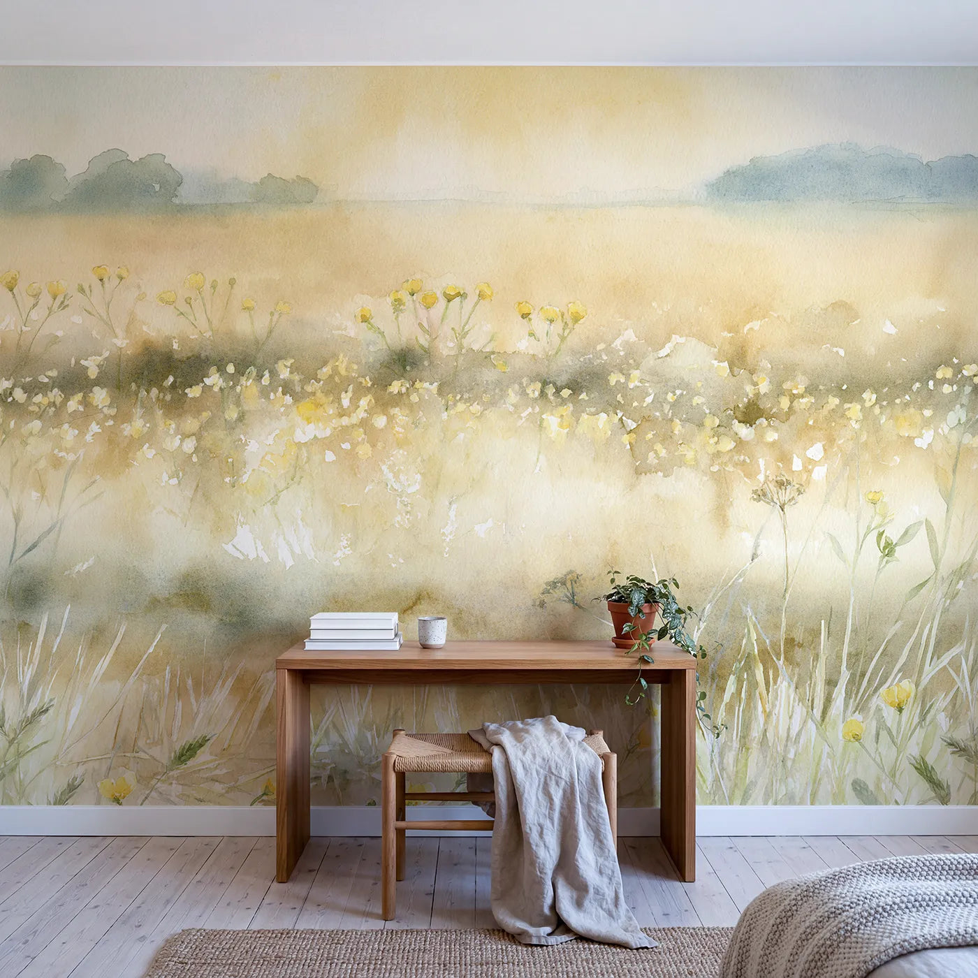 Hazy Buttercup Field Wallpaper Mural in playroom setting by Whimsy Tots