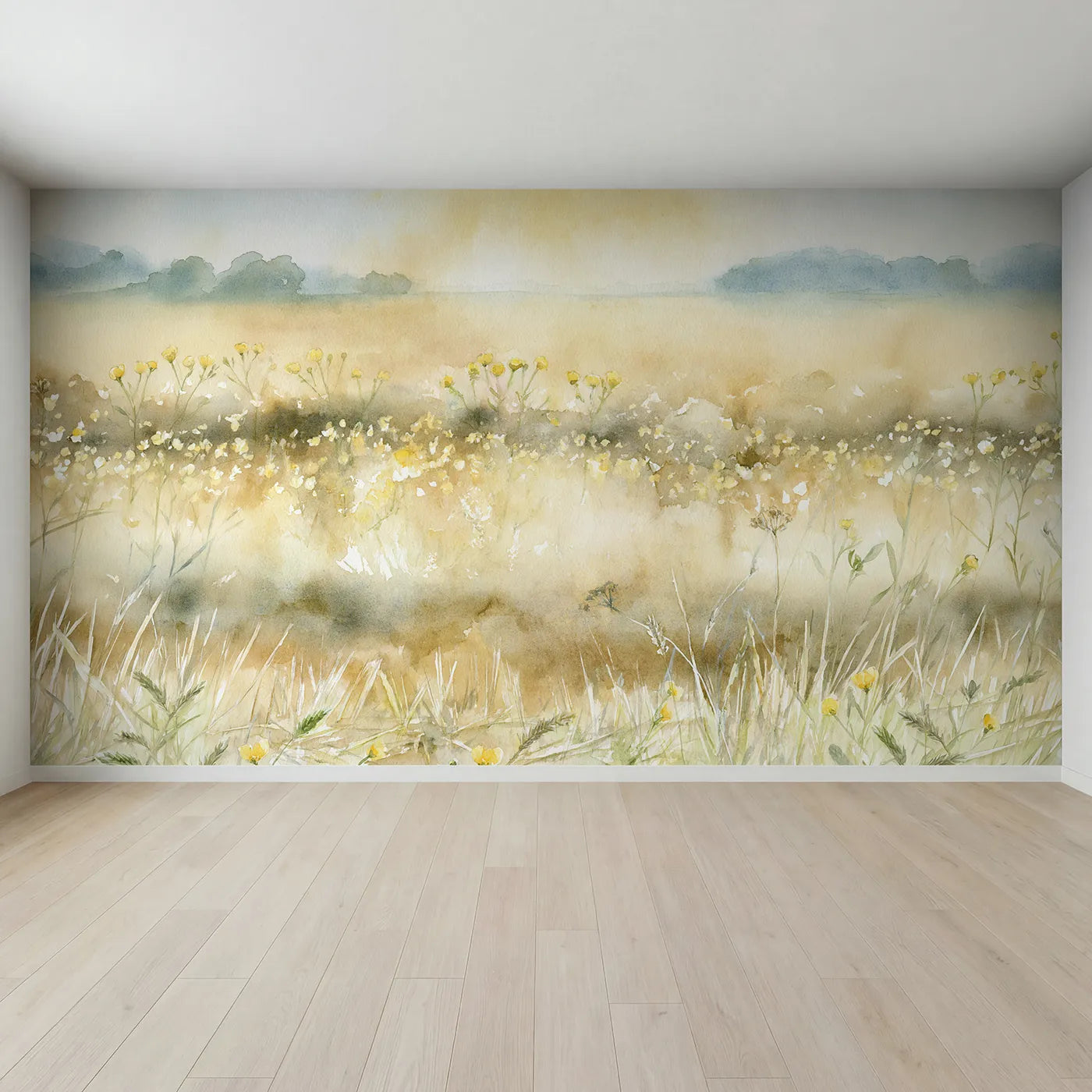 Full view of Hazy Buttercup Field Wallpaper Mural by Whimsy Tots