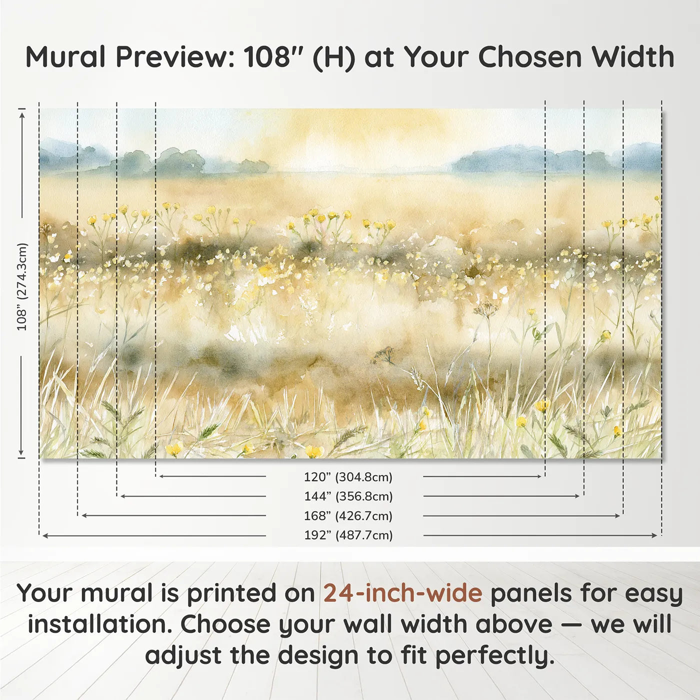 Panel layout and dimensions for Hazy Buttercup Field Wallpaper Mural by Whimsy Tots