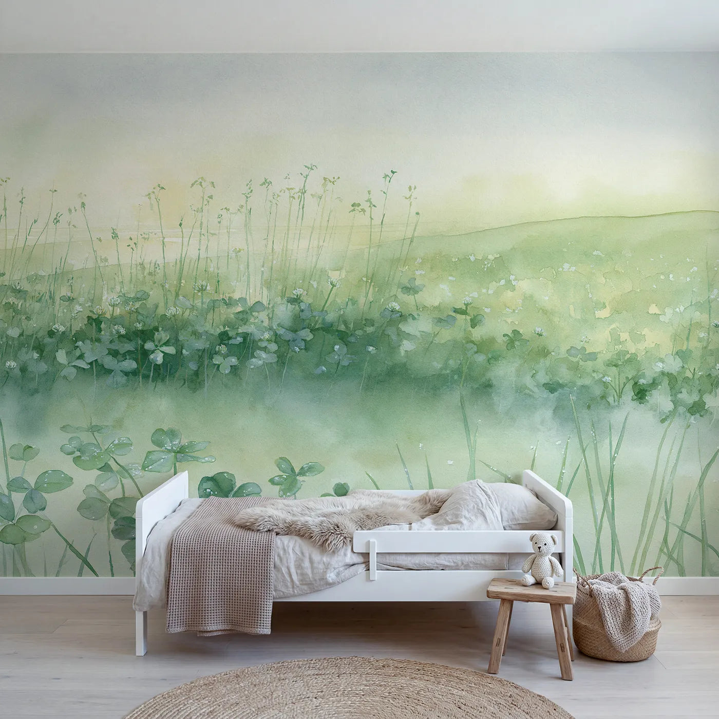 Watercolor wall mural of a dewy morning meadow by Whimsy Tots
