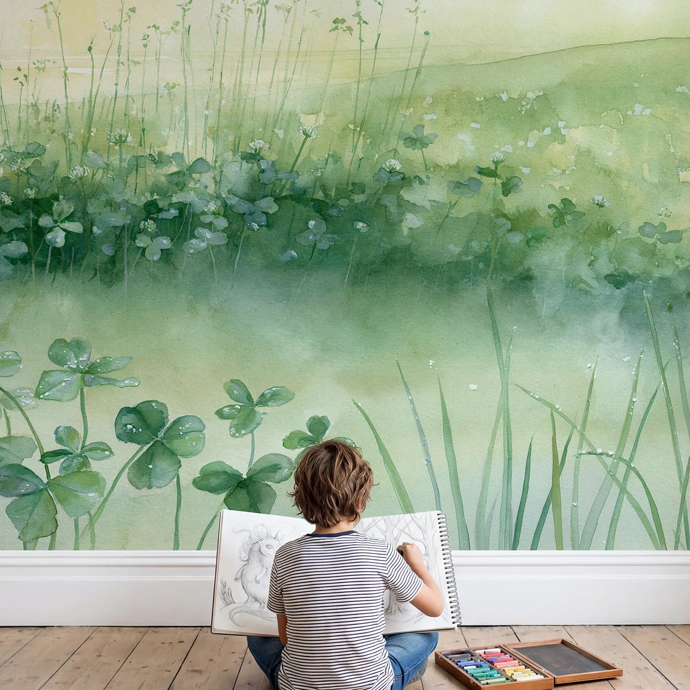 Child in nursery with Dewy Meadow Morning Wallpaper Mural by Whimsy Tots