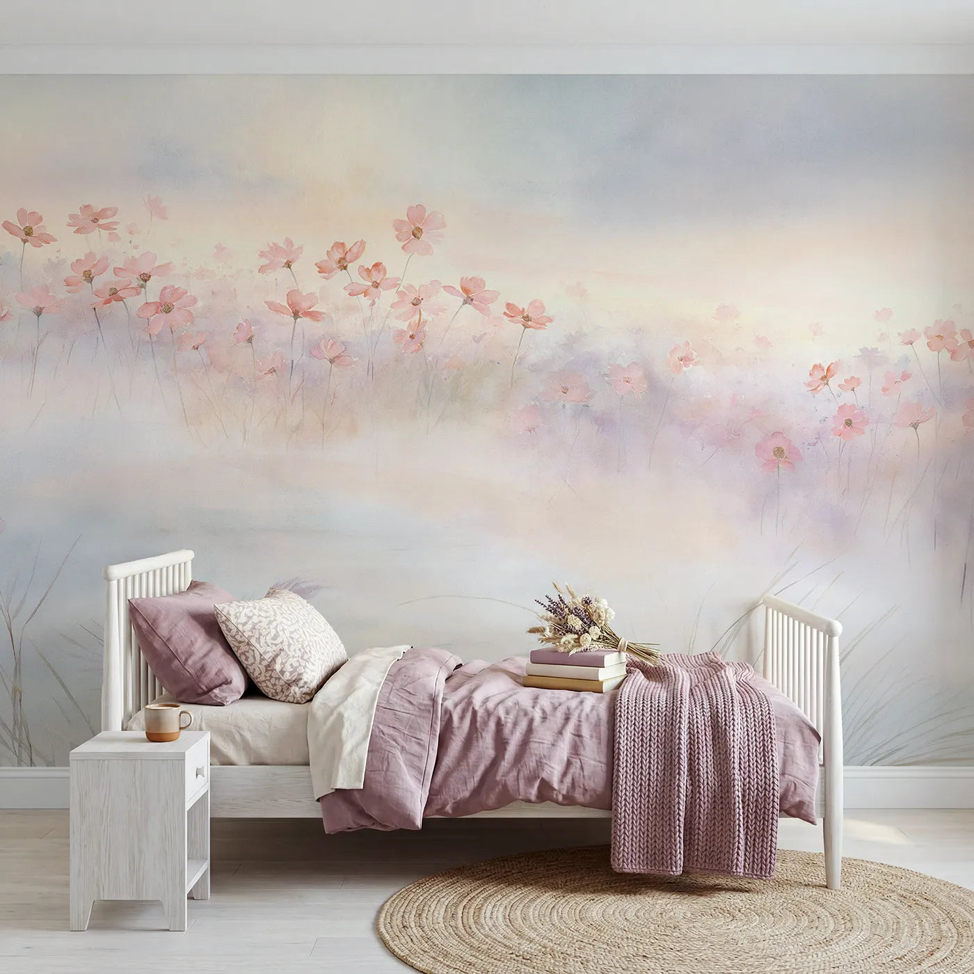 Watercolor wall mural of a misty pink cosmos field by Whimsy Tots