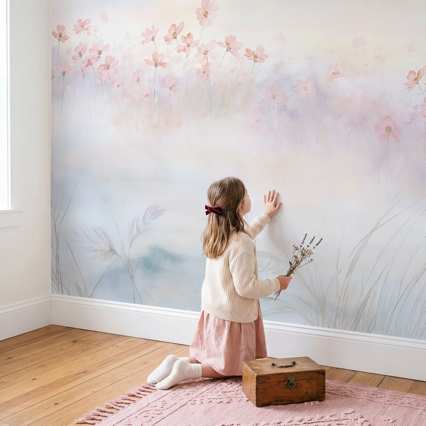 Child in nursery with Misty Cosmos Field Wallpaper Mural by Whimsy Tots