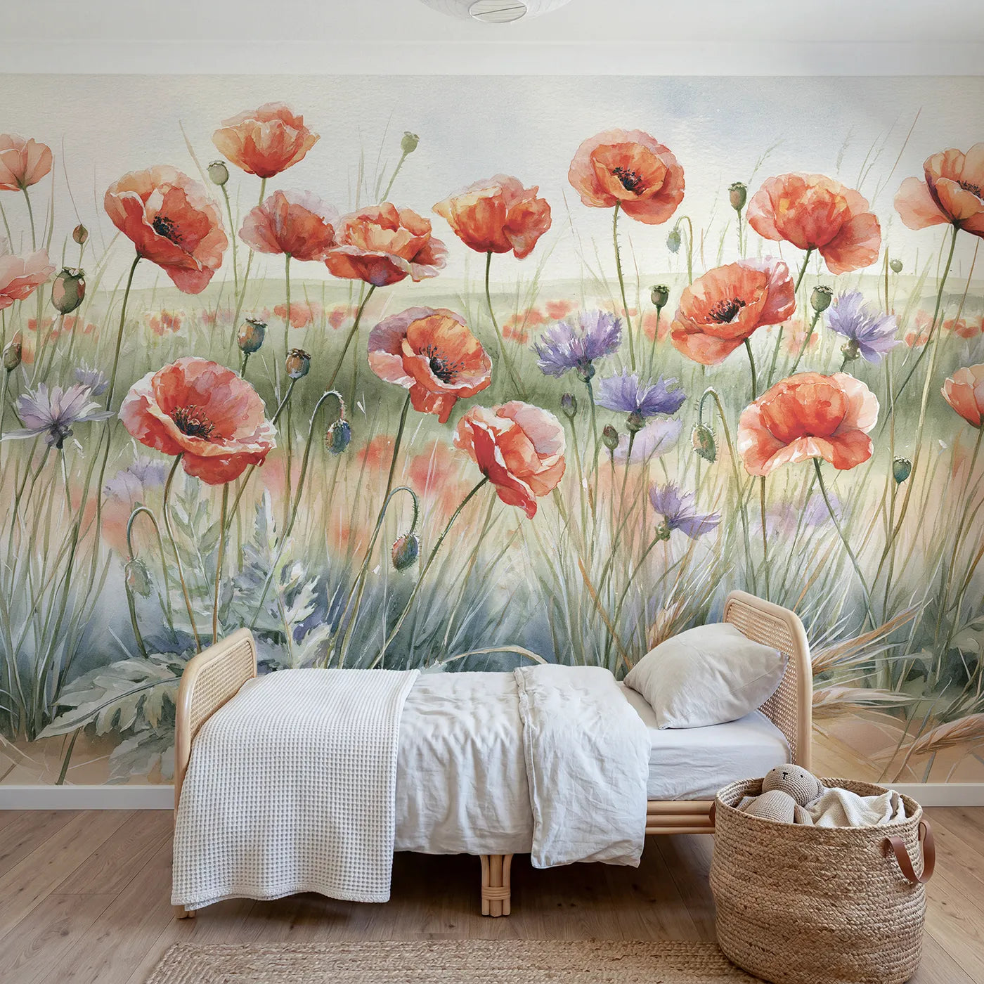 Watercolor wall mural of a recognizable poppy field by Whimsy Tots