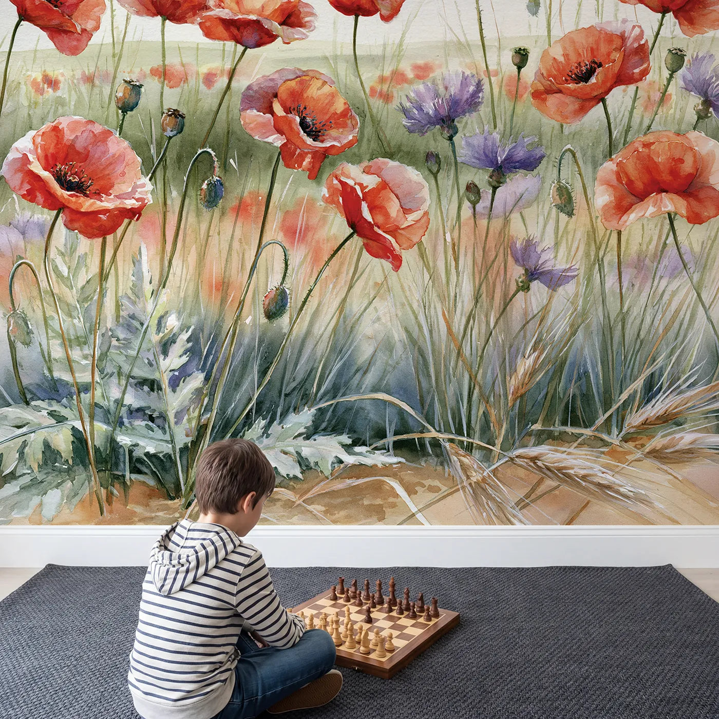 Child in nursery with Poppy Field Study Wallpaper Mural by Whimsy Tots