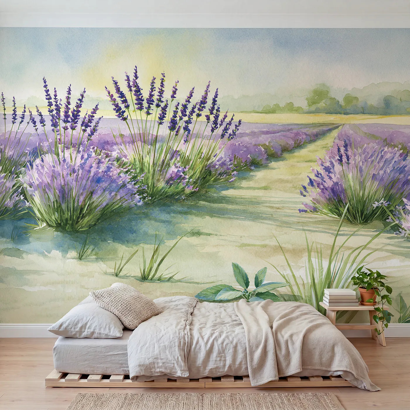 Watercolor wall mural of orderly lavender rows by Whimsy Tots