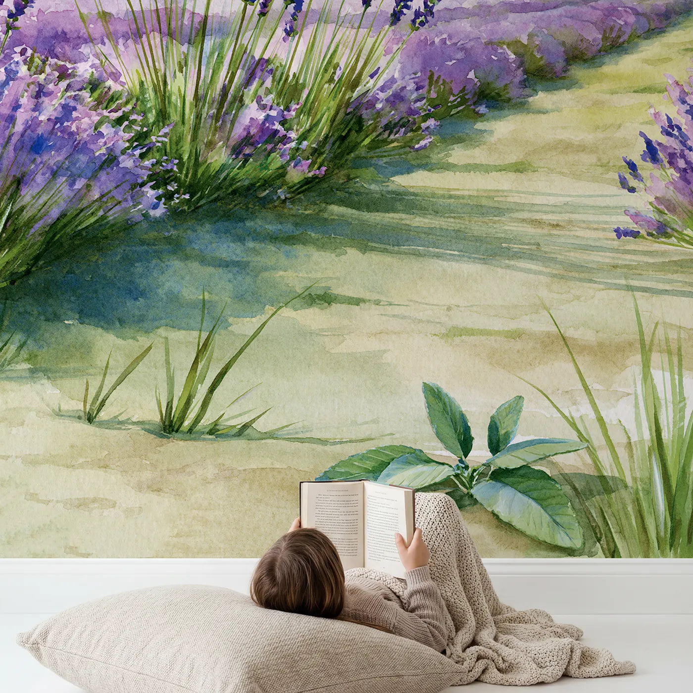 Child in nursery with Lavender Rows Study Wallpaper Mural by Whimsy Tots