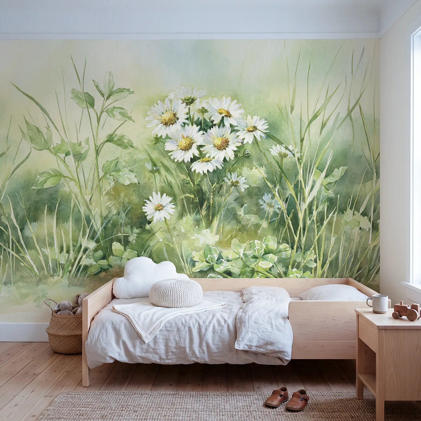 Watercolor wall mural of a clear daisy cluster by Whimsy Tots