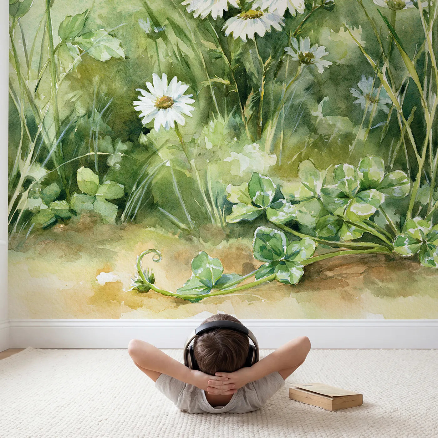 Child in nursery with Daisy Meadow Detail Wallpaper Mural by Whimsy Tots