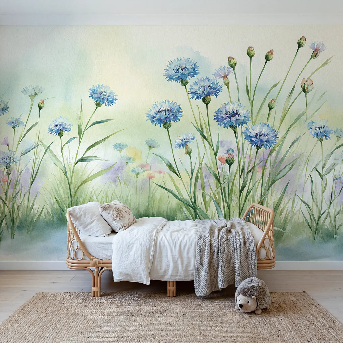Watercolor wall mural of soft clear cornflowers by Whimsy Tots