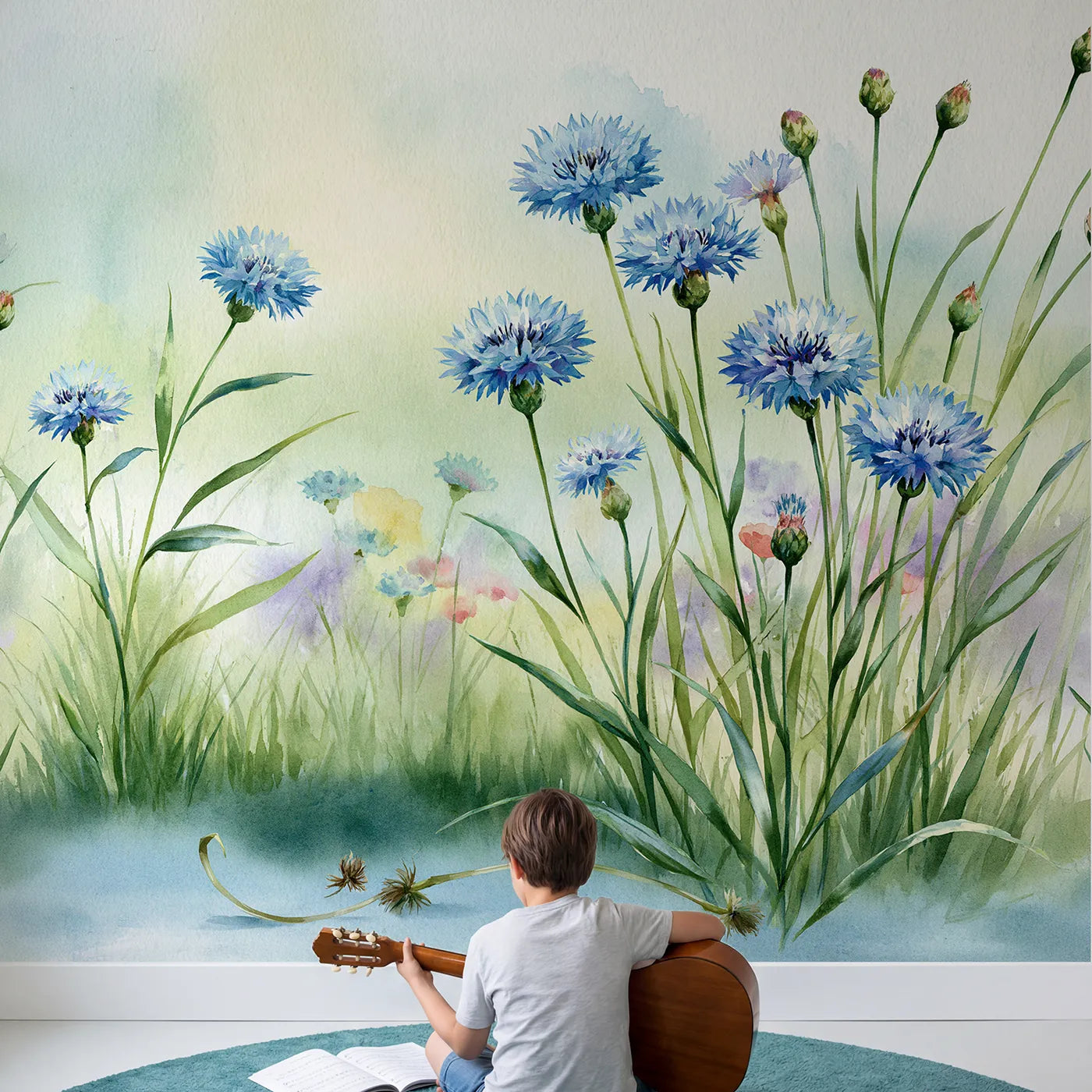 Child in nursery with Cornflower Meadow Detail Wallpaper Mural by Whimsy Tots
