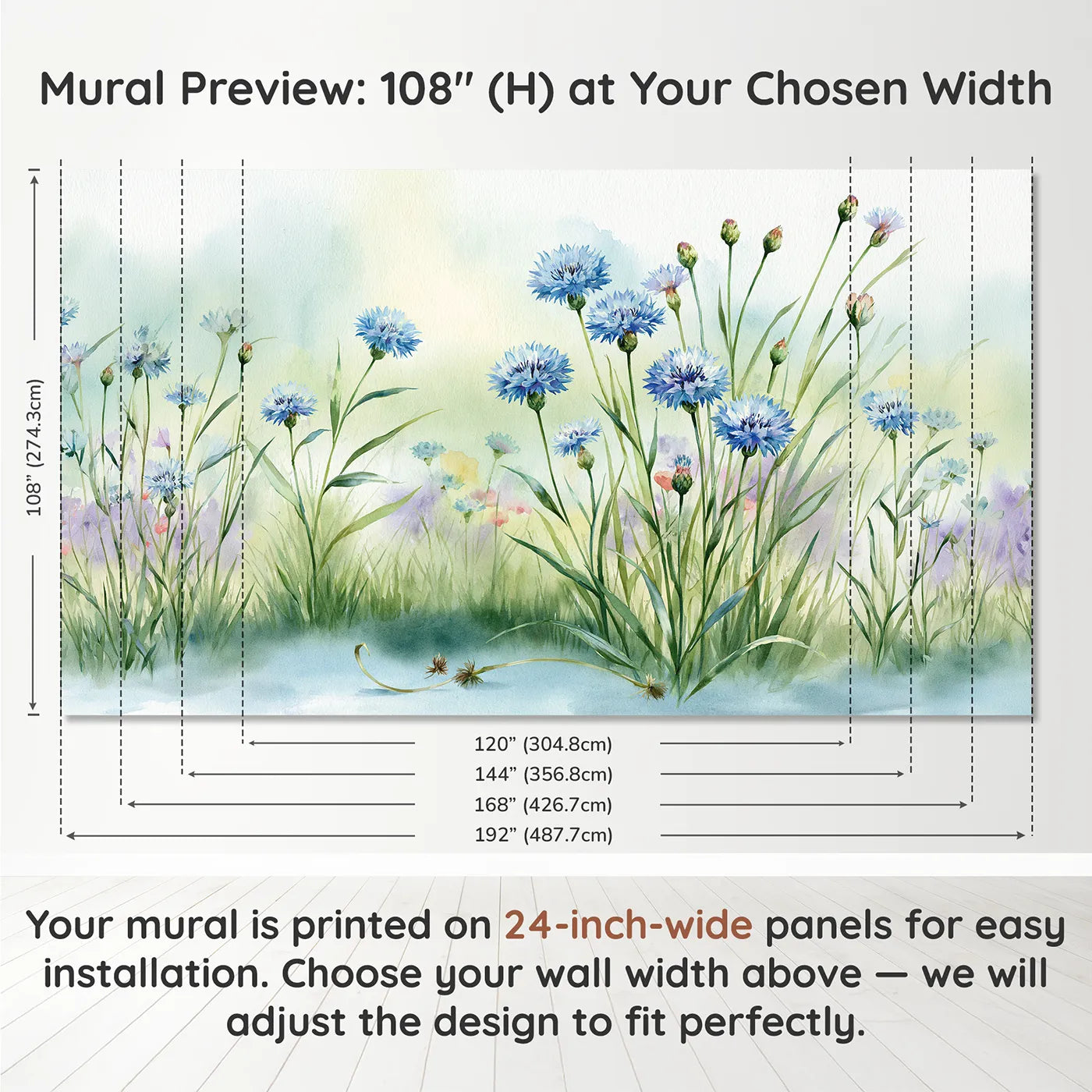 Panel layout and dimensions for Cornflower Meadow Detail Wallpaper Mural by Whimsy Tots